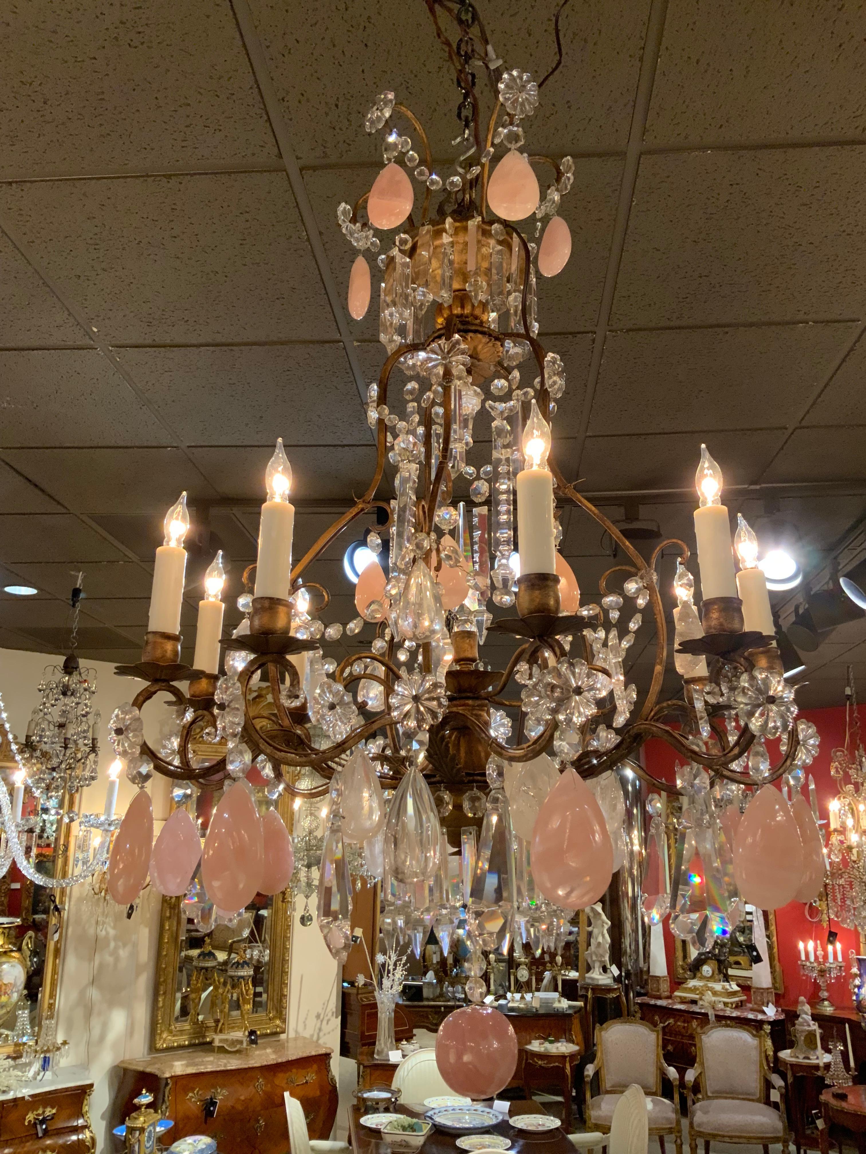 Cristallo Lampadario in cristallo italiano, quarzo rosa e cristallo di rocca con 10 luci in vendita