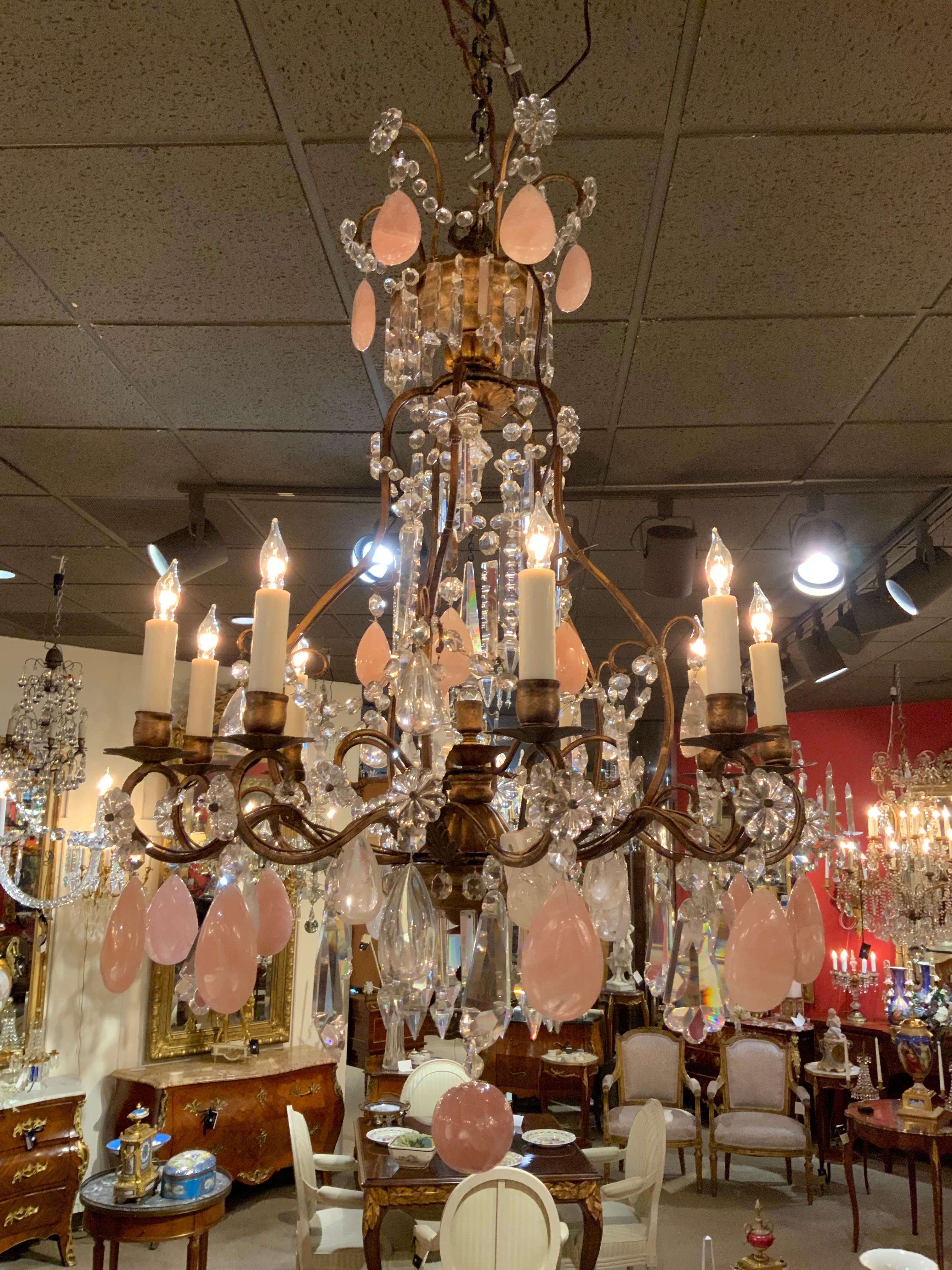 Lampadario in cristallo italiano, quarzo rosa e cristallo di rocca con 10 luci in vendita 1