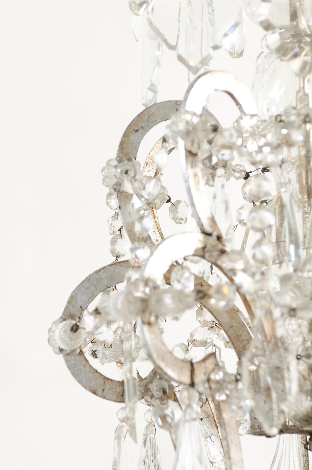 Italian Crystal & Silvered Wood Chandelier with 8 Lights, 19th Century For Sale 11