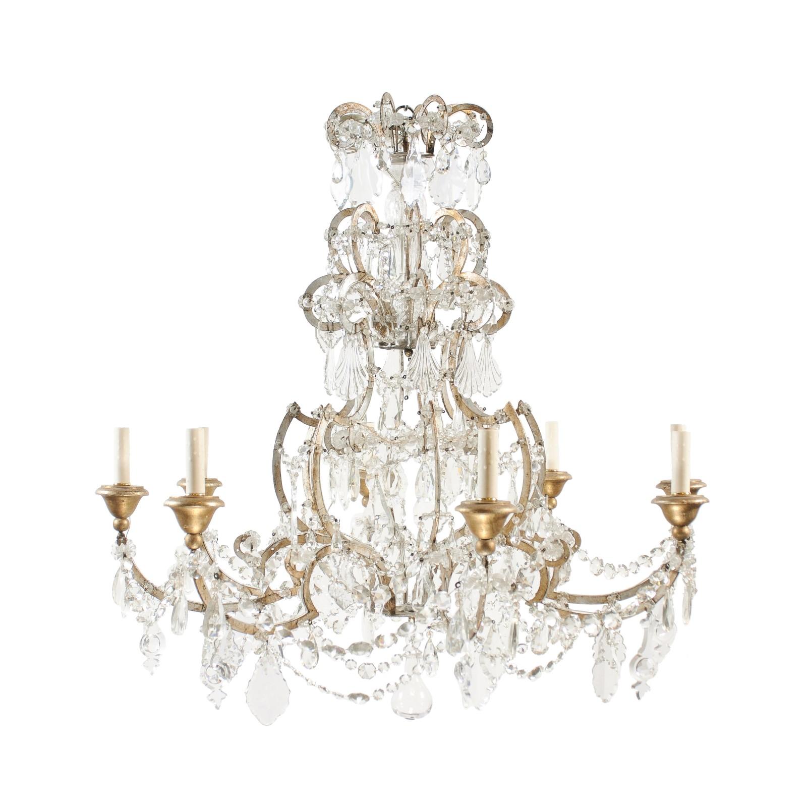 Italian Crystal & Silvered Wood Chandelier with 8 Lights, 19th Century In Good Condition For Sale In Atlanta, GA