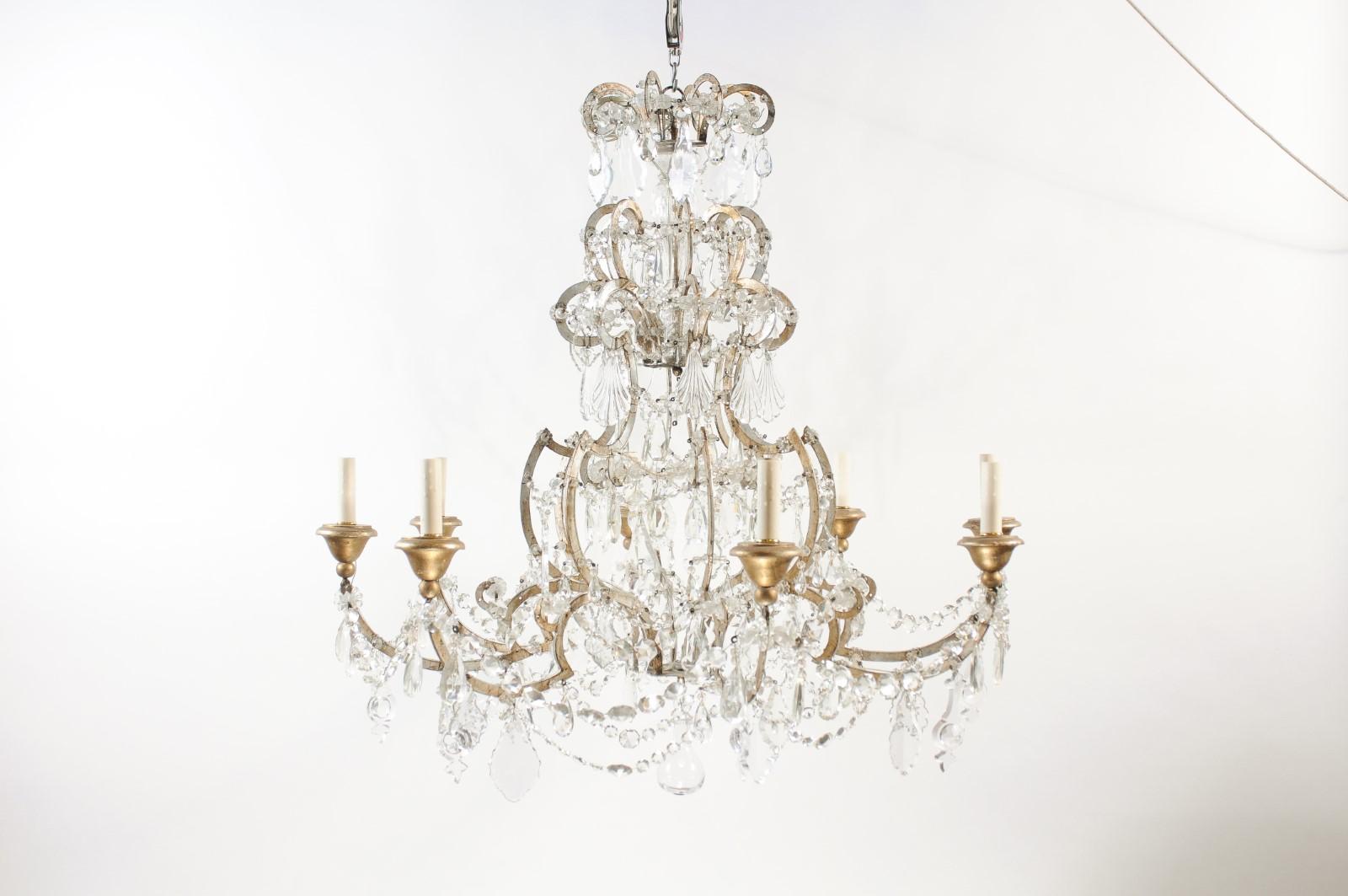 Italian Crystal & Silvered Wood Chandelier with 8 Lights, 19th Century For Sale 1