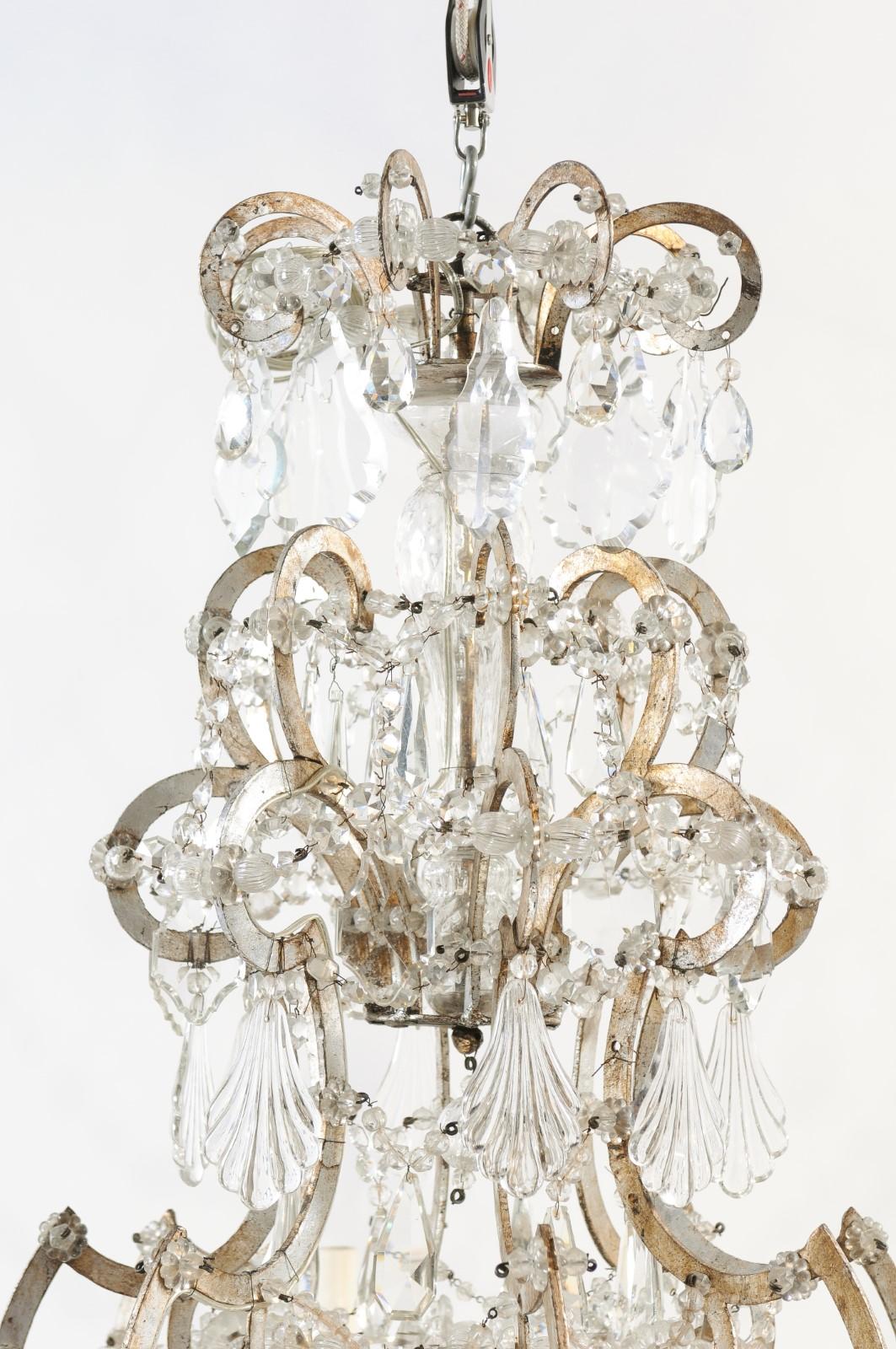 Italian Crystal & Silvered Wood Chandelier with 8 Lights, 19th Century For Sale 3
