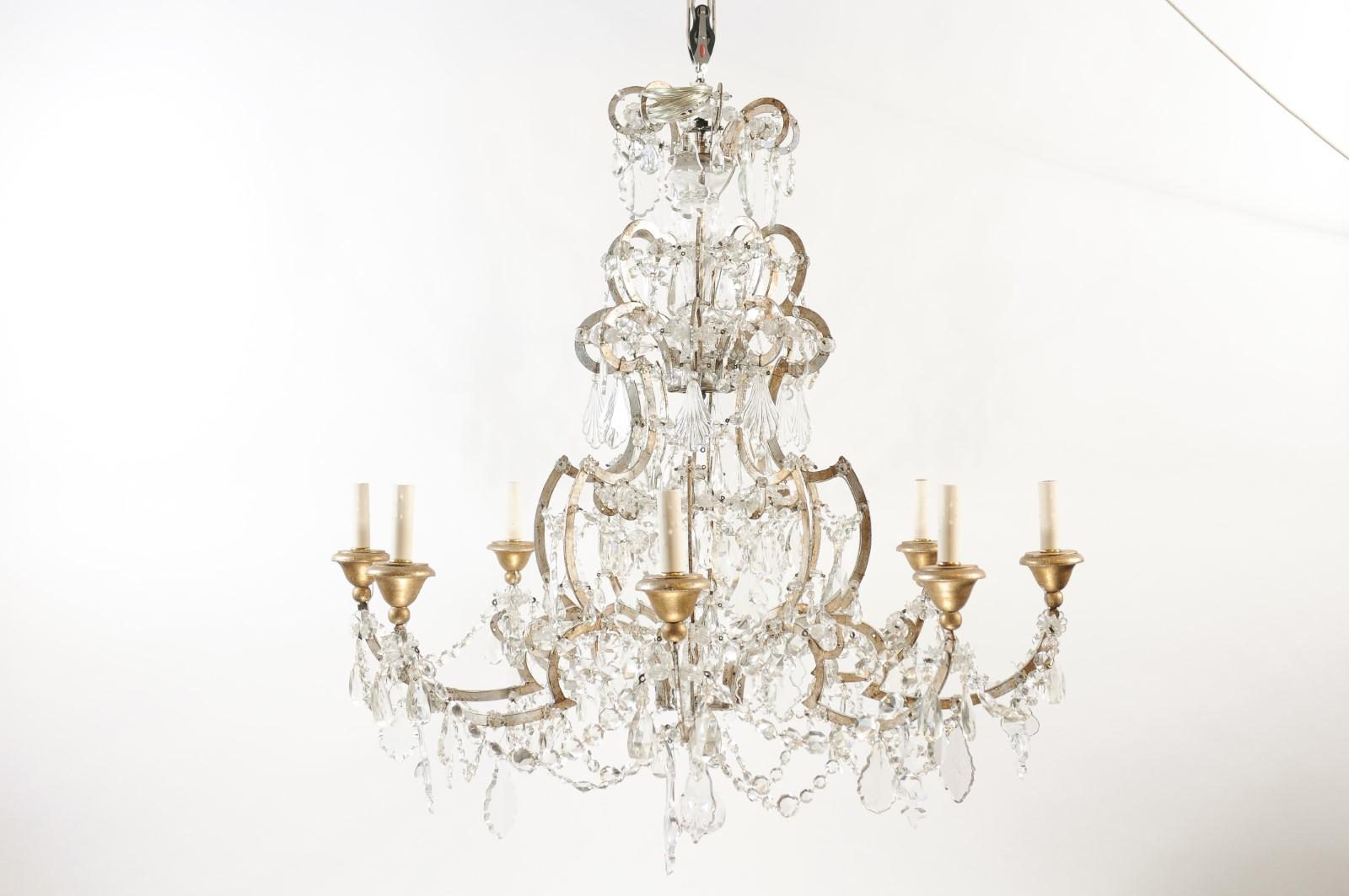 Italian Crystal & Silvered Wood Chandelier with 8 Lights, 19th Century For Sale 6