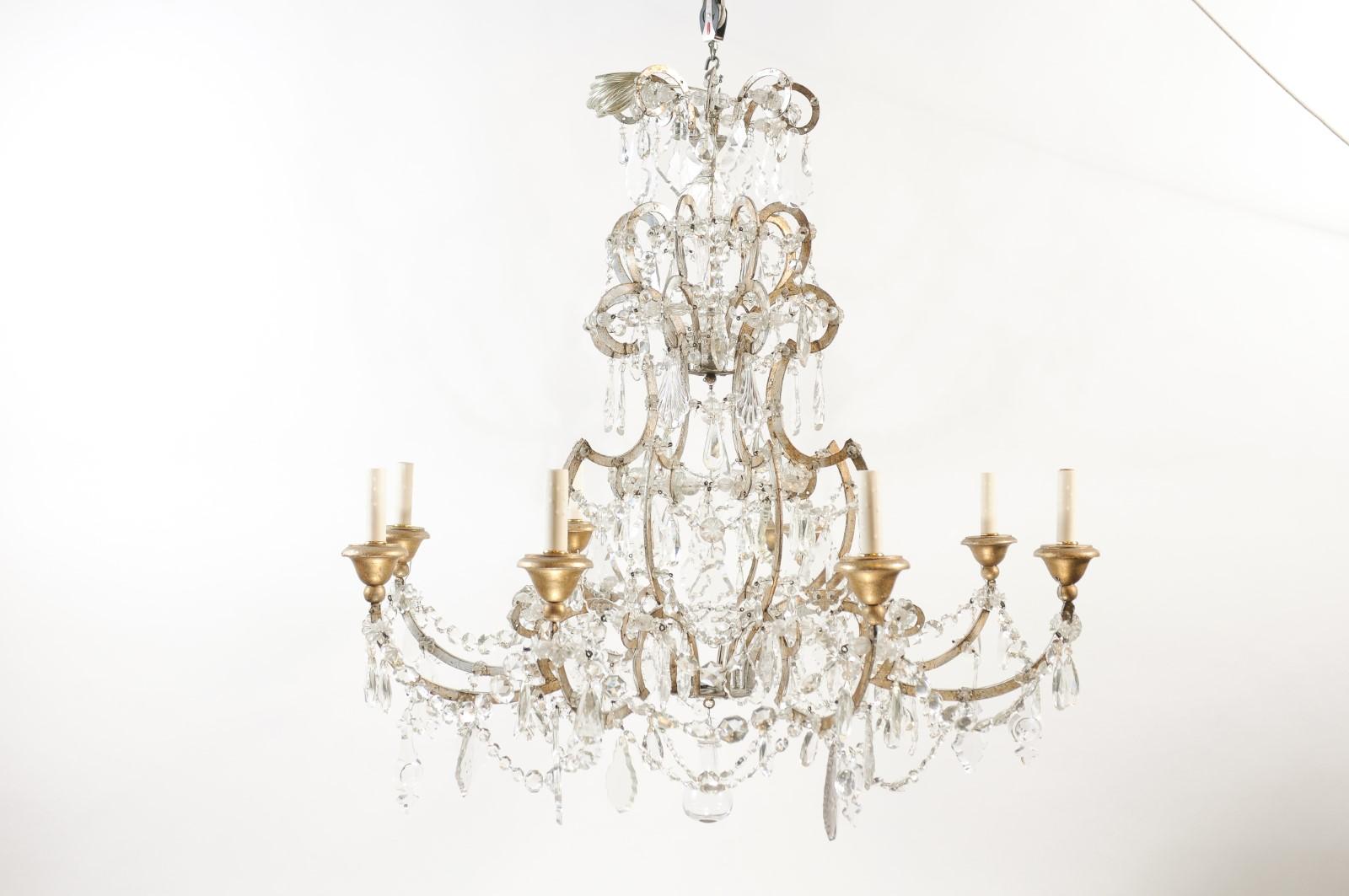 Italian Crystal & Silvered Wood Chandelier with 8 Lights, 19th Century For Sale 7