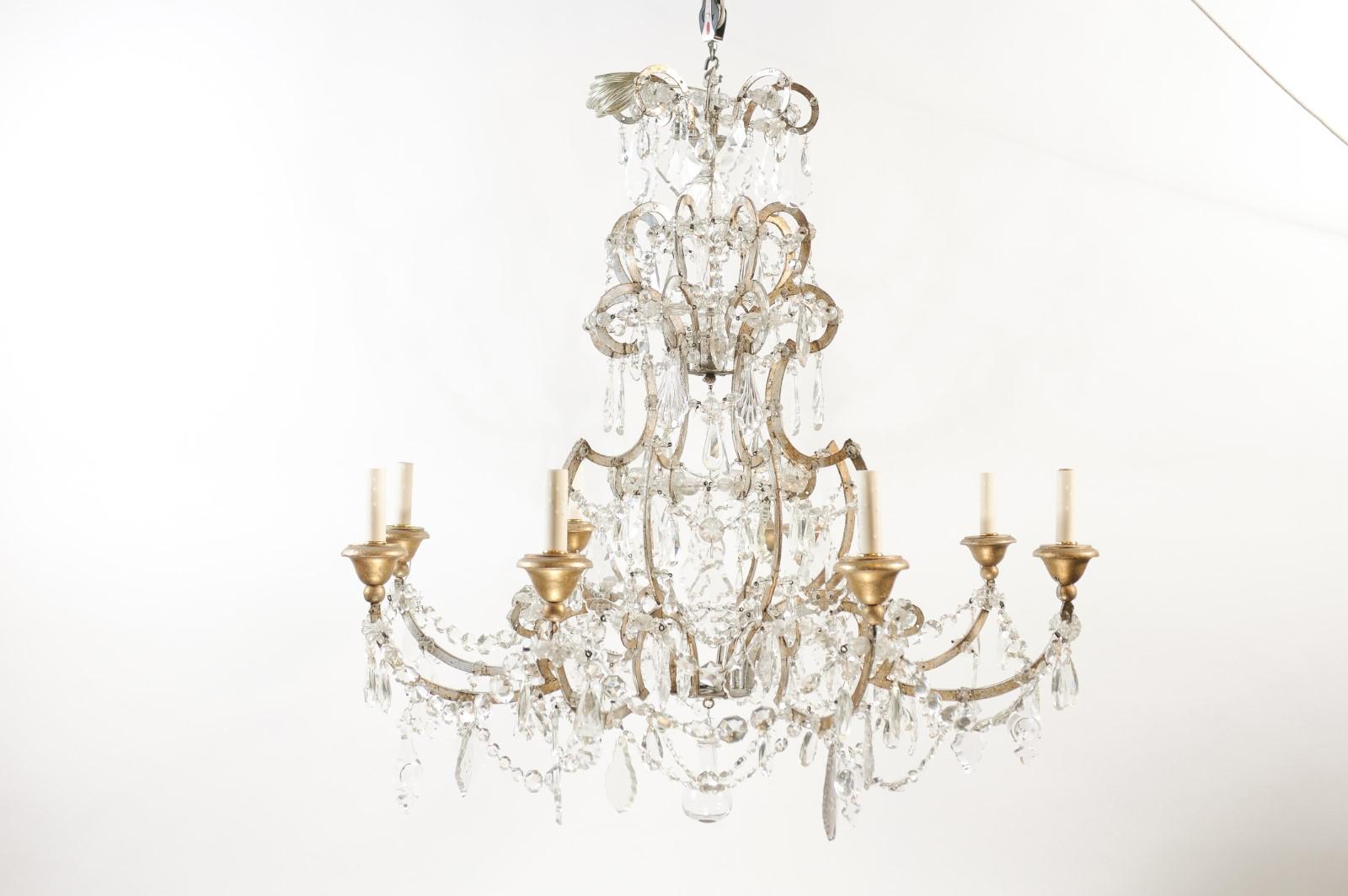 Lampadario italiano a 8 luci in cristallo e legno argentato, XIX secolo in vendita 5