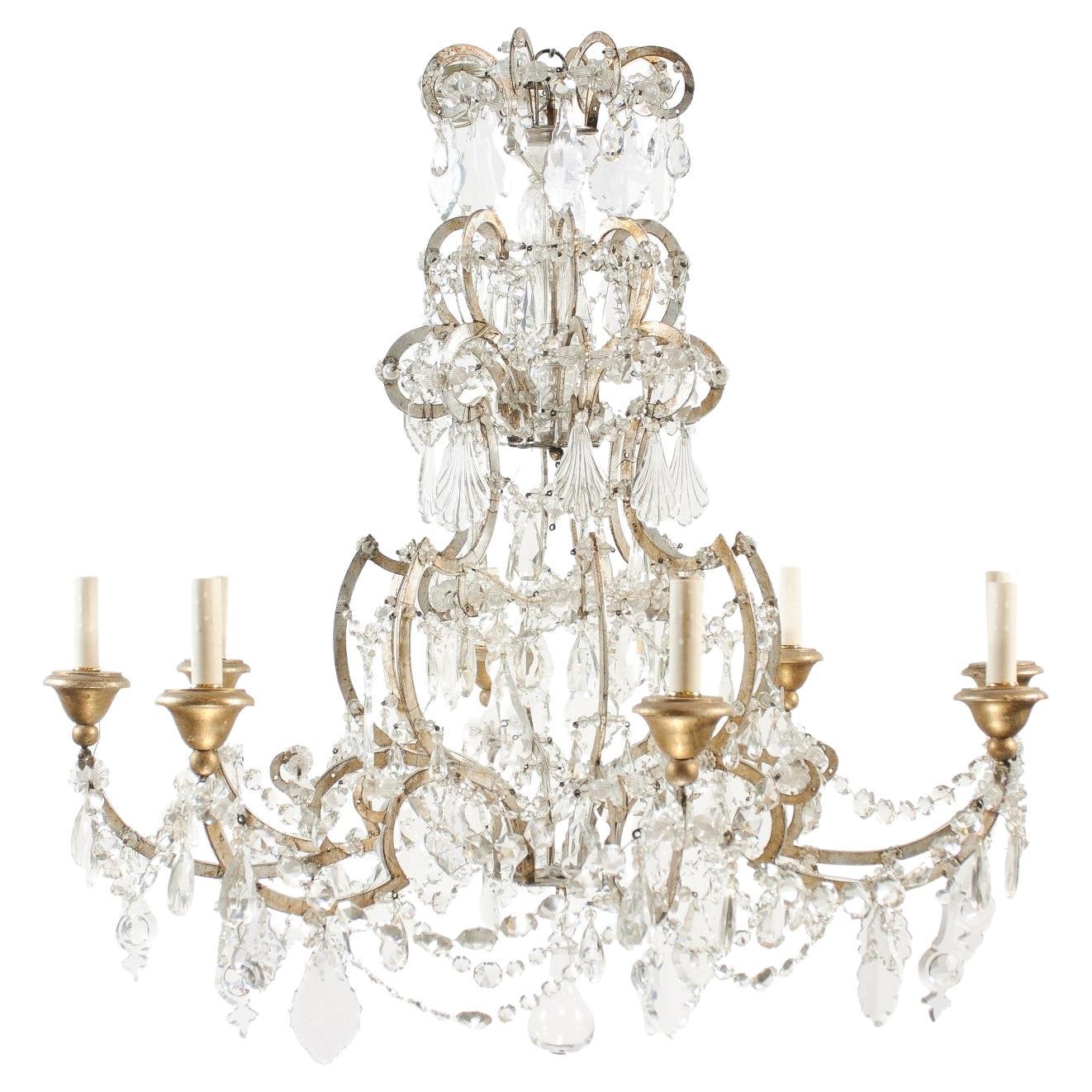 Italian Crystal & Silvered Wood Chandelier with 8 Lights, 19th Century