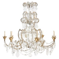 Antique Italian Crystal & Silvered Wood Chandelier with 8 Lights, 19th Century
