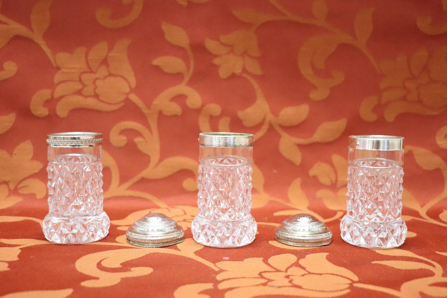 Beautiful and refined Italian crystal service complete with three pieces for salt, pepper and toothpick.