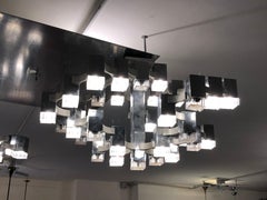 Chrome Italian Cubic Chandeliers by Gaetano Sciolari, 1970s, Set of 2