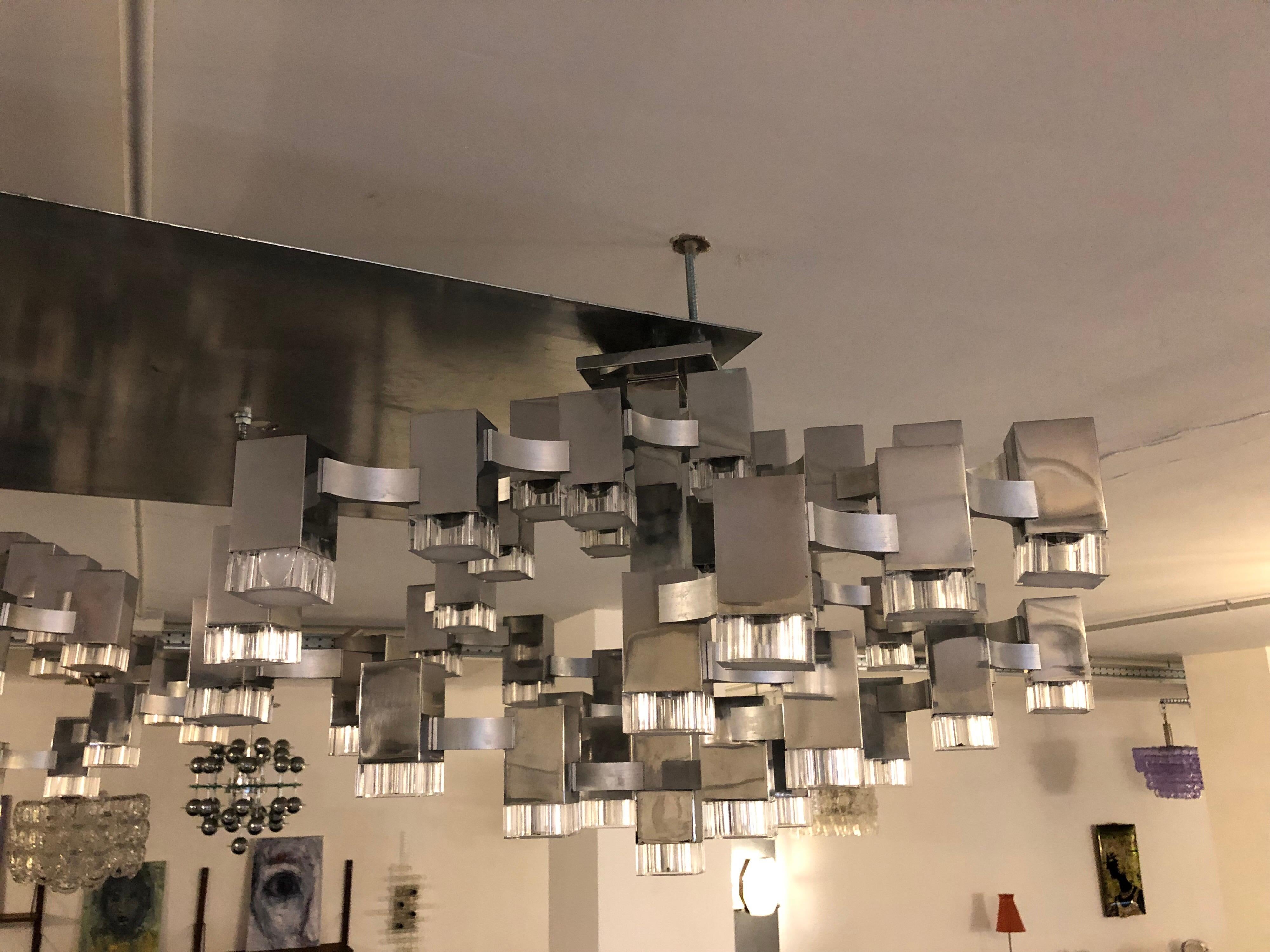 Late 20th Century Chrome Italian Cubic Chandeliers by Gaetano Sciolari, 1970s, Set of 2 For Sale