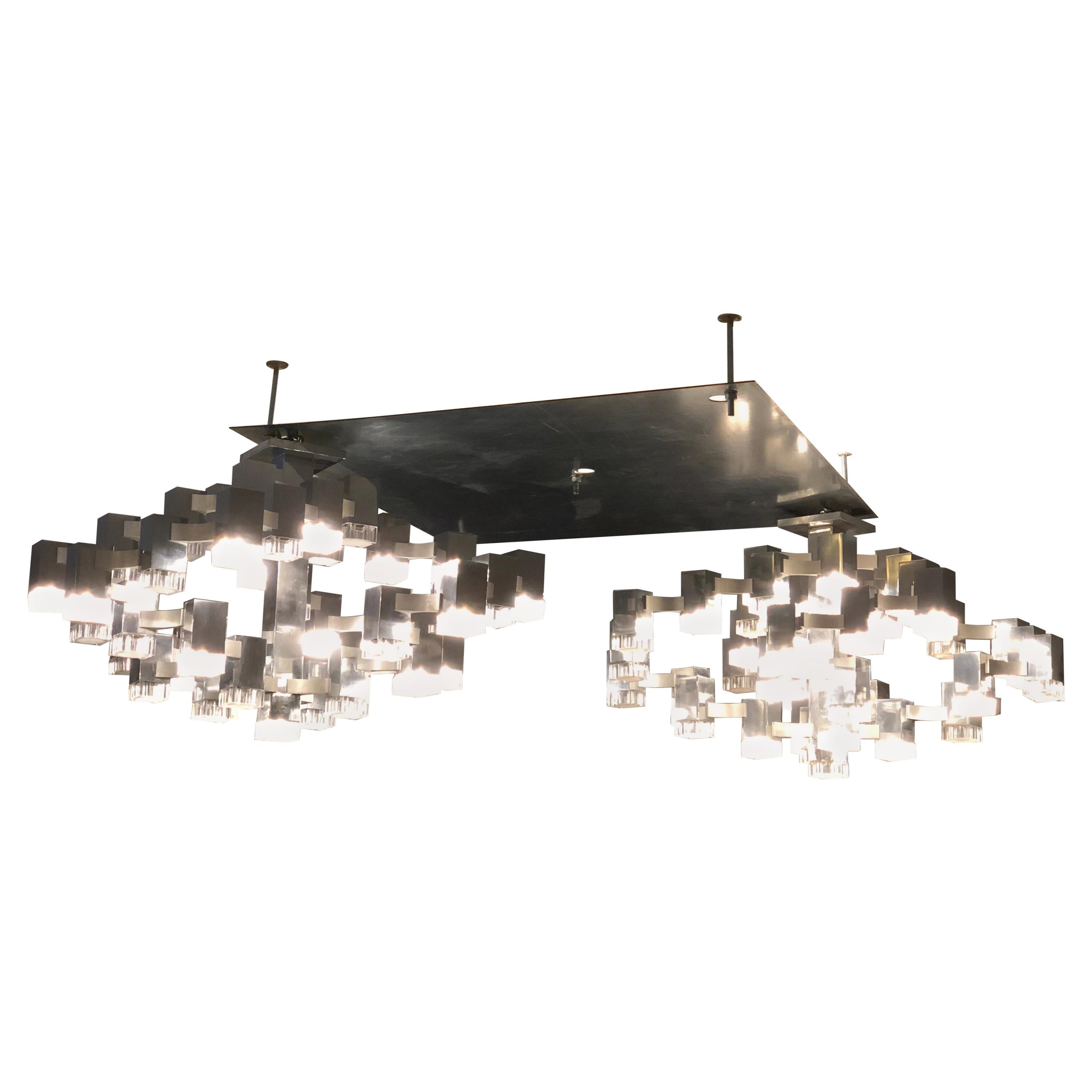 Chrome Italian Cubic Chandeliers by Gaetano Sciolari, 1970s, Set of 2 For Sale