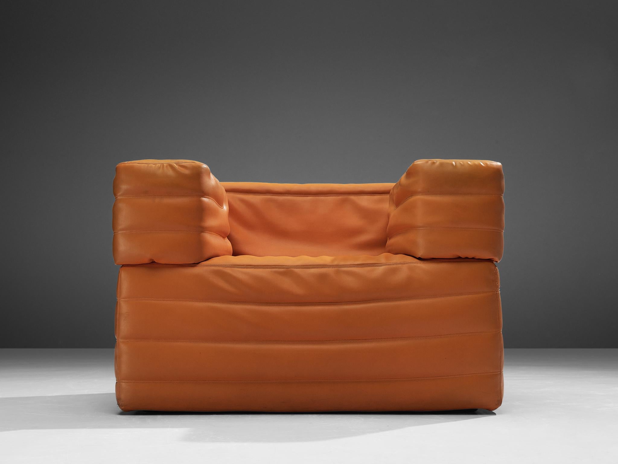 Faux Leather Italian Cubic Lounge Chair in Orange Leatherette For Sale