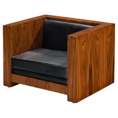 Italian Cubic Lounge Chair in Walnut and Black Upholstery 