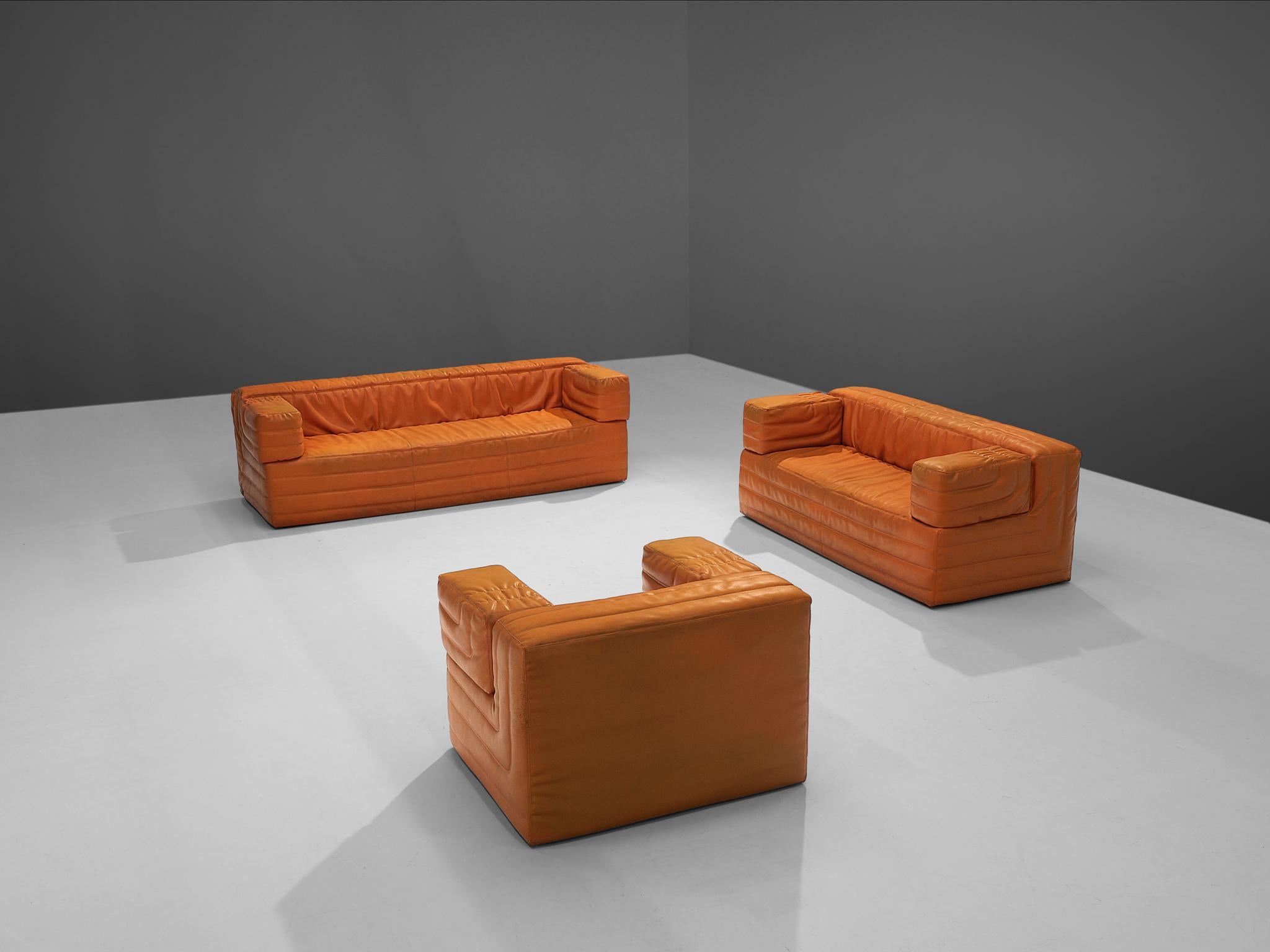 Italian Cubic Three Seat Sofa in Orange Leatherette 3