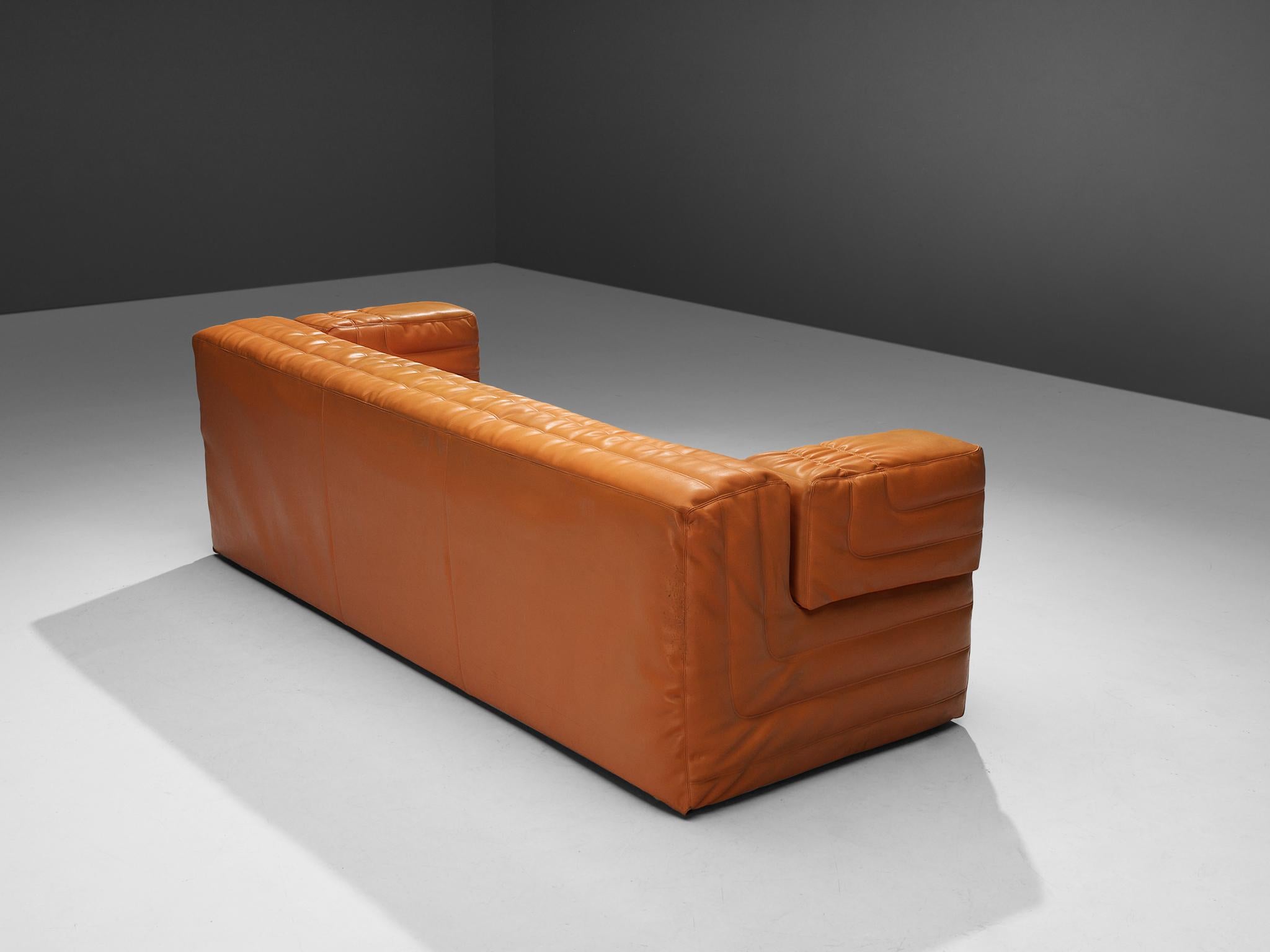 Mid-Century Modern Italian Cubic Three Seat Sofa in Orange Leatherette