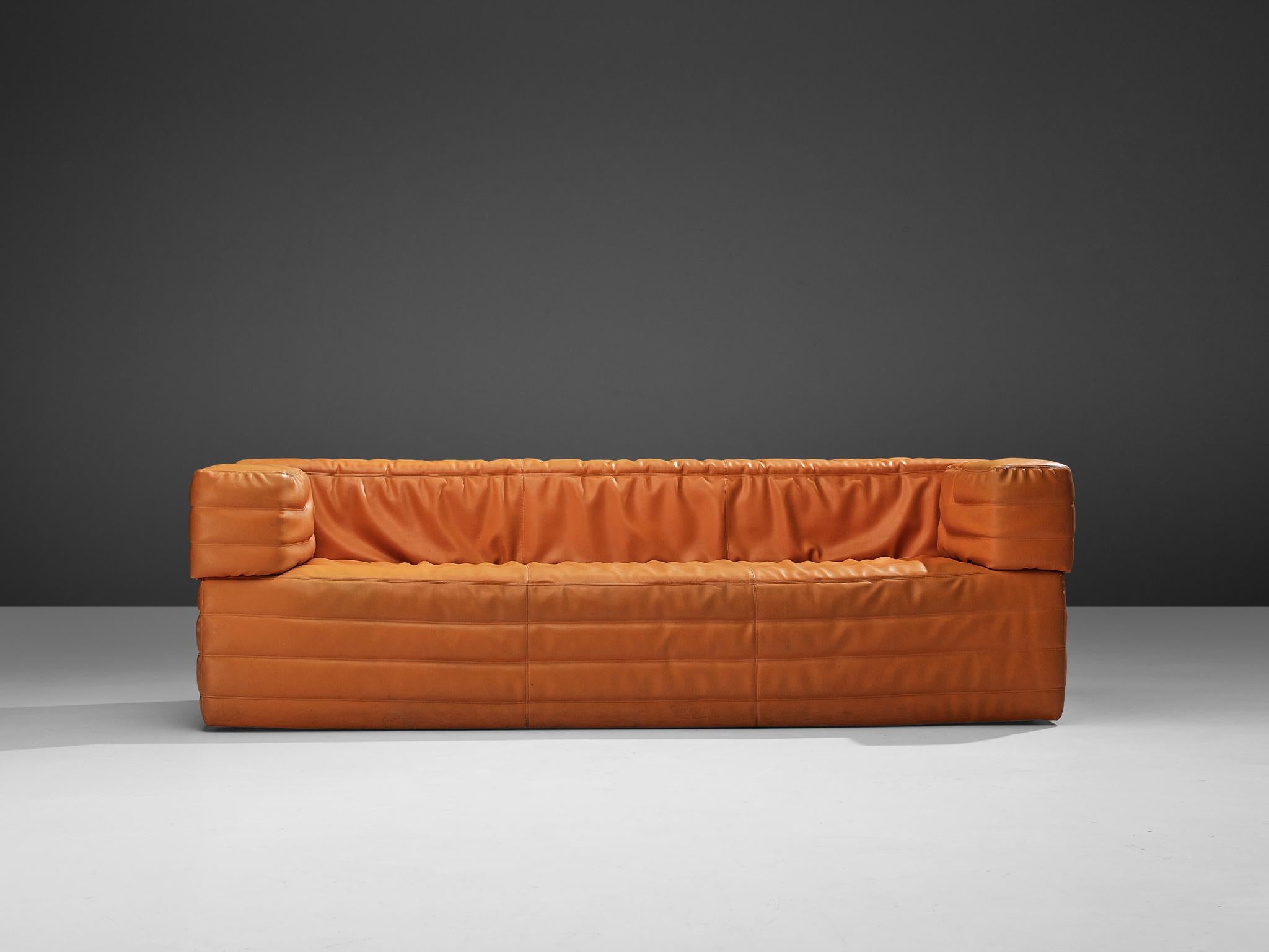 Late 20th Century Italian Cubic Three Seat Sofa in Orange Leatherette