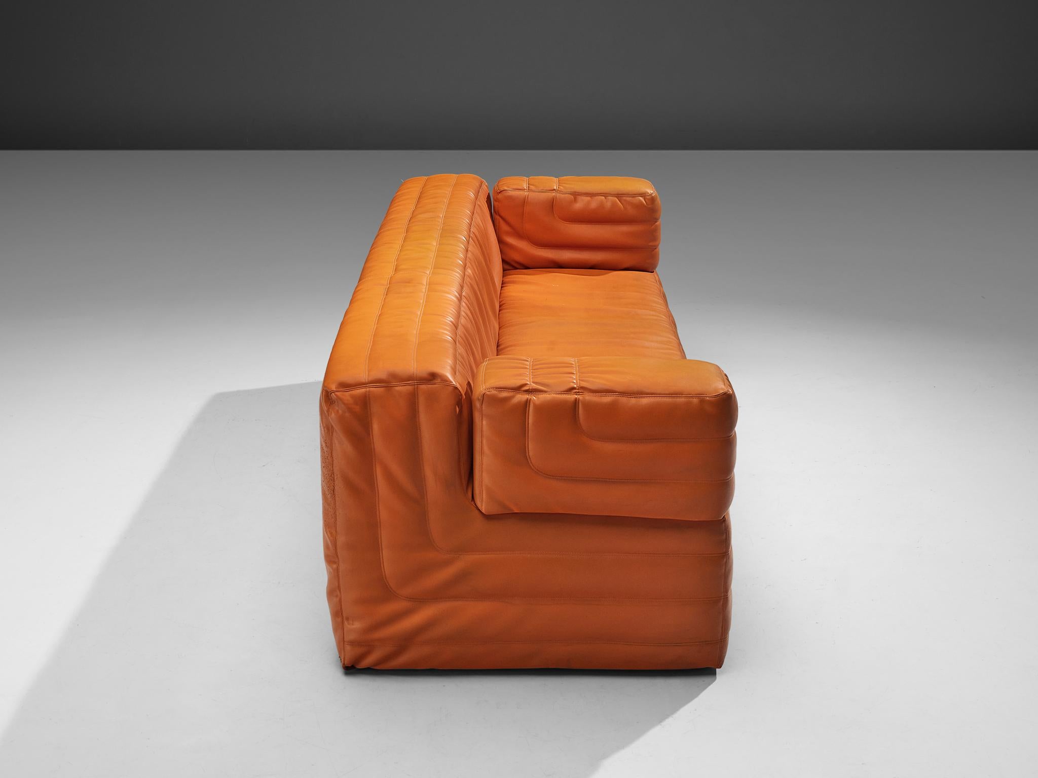 Faux Leather Italian Cubic Three Seat Sofa in Orange Leatherette  For Sale