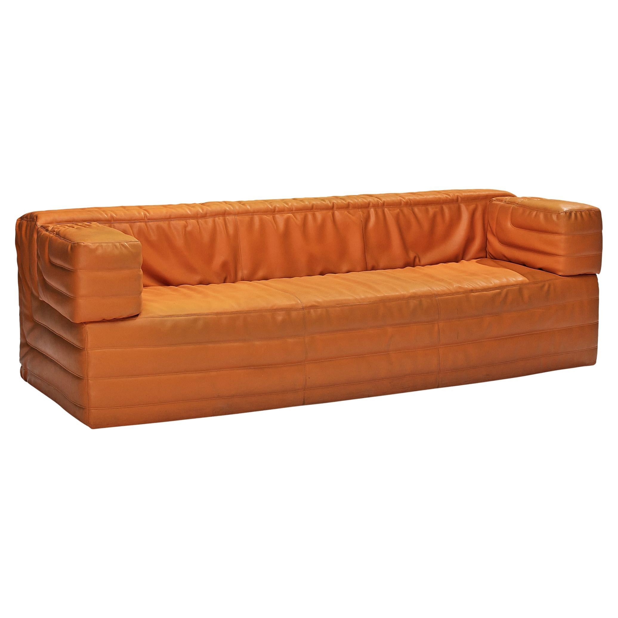 Italian Cubic Three Seat Sofa in Orange Leatherette  For Sale