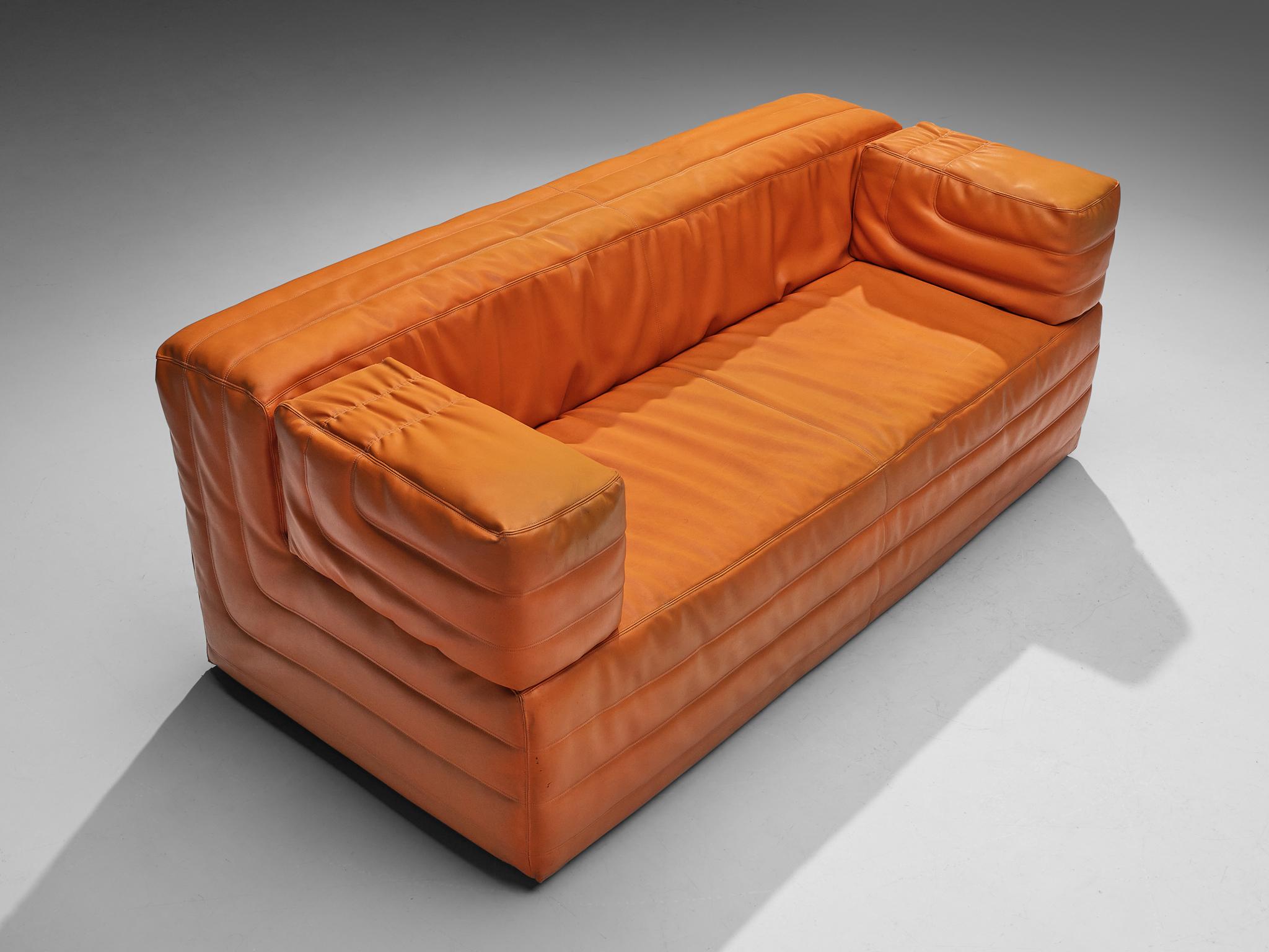 Italian Cubic Two Seat Sofa in Orange Leatherette For Sale at 1stDibs