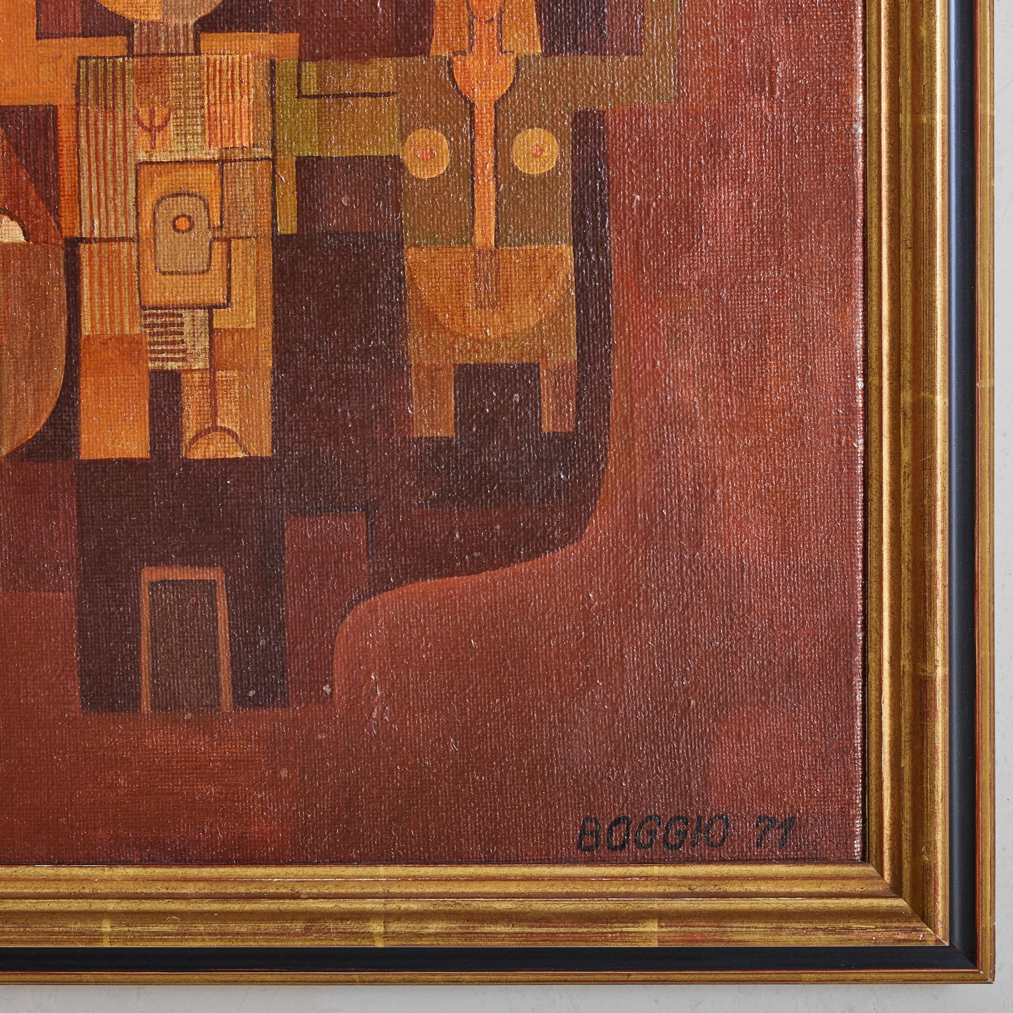 Ein Originalgemälde in Öl auf Leinwand des französischen Künstlers Boggio, signiert und datiert 1971 in der unteren rechten Ecke. Dieses reich strukturierte Werk erforscht geometrische Abstraktion und kubistische Einflüsse und zeigt eine