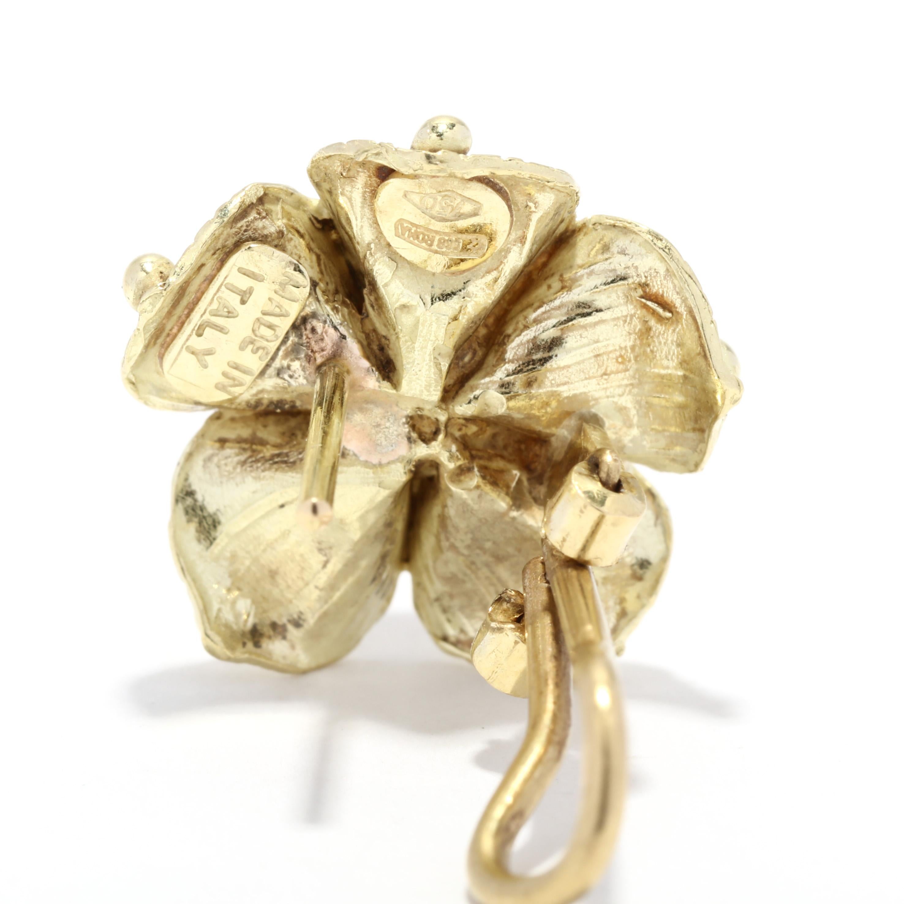 Italian Cultured Pearl Flower Earrings, 18K Gold, Pierced Omega Backs, Matte In Good Condition In McLeansville, NC
