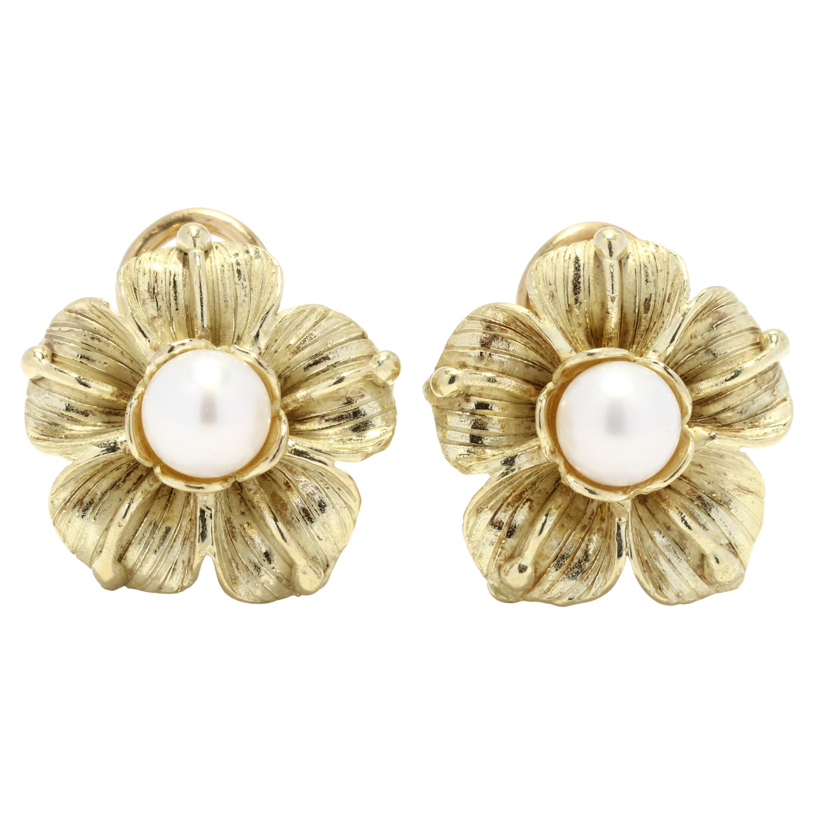 Italian Cultured Pearl Flower Earrings, 18K Gold, Pierced Omega Backs, Matte