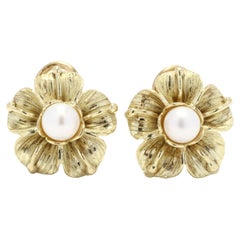 Italian Cultured Pearl Flower Earrings, 18K Gold, Pierced Omega Backs, Matte