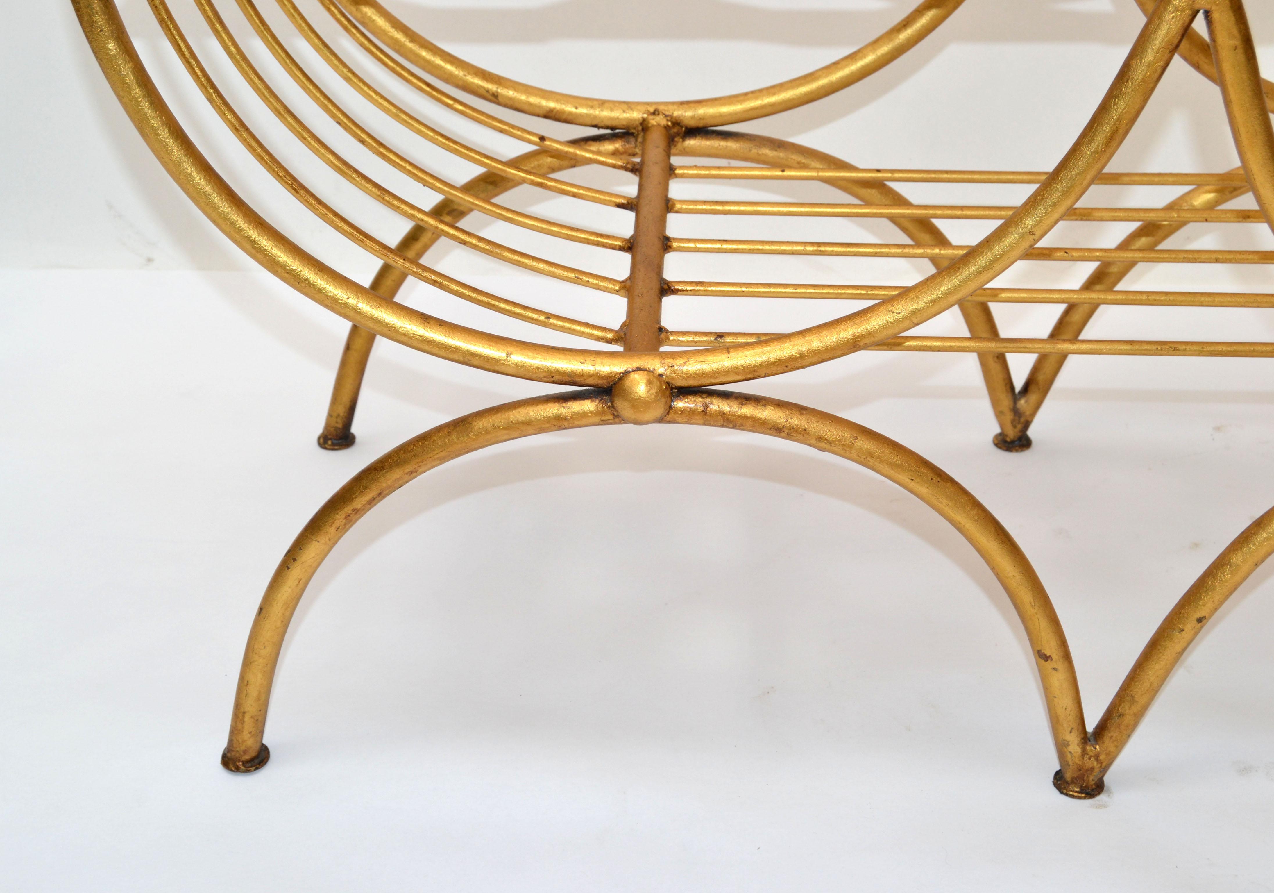 Italian Curule Gilt Wrought Iron Long Bench Original Silk Fabric Seat Cushion For Sale 5