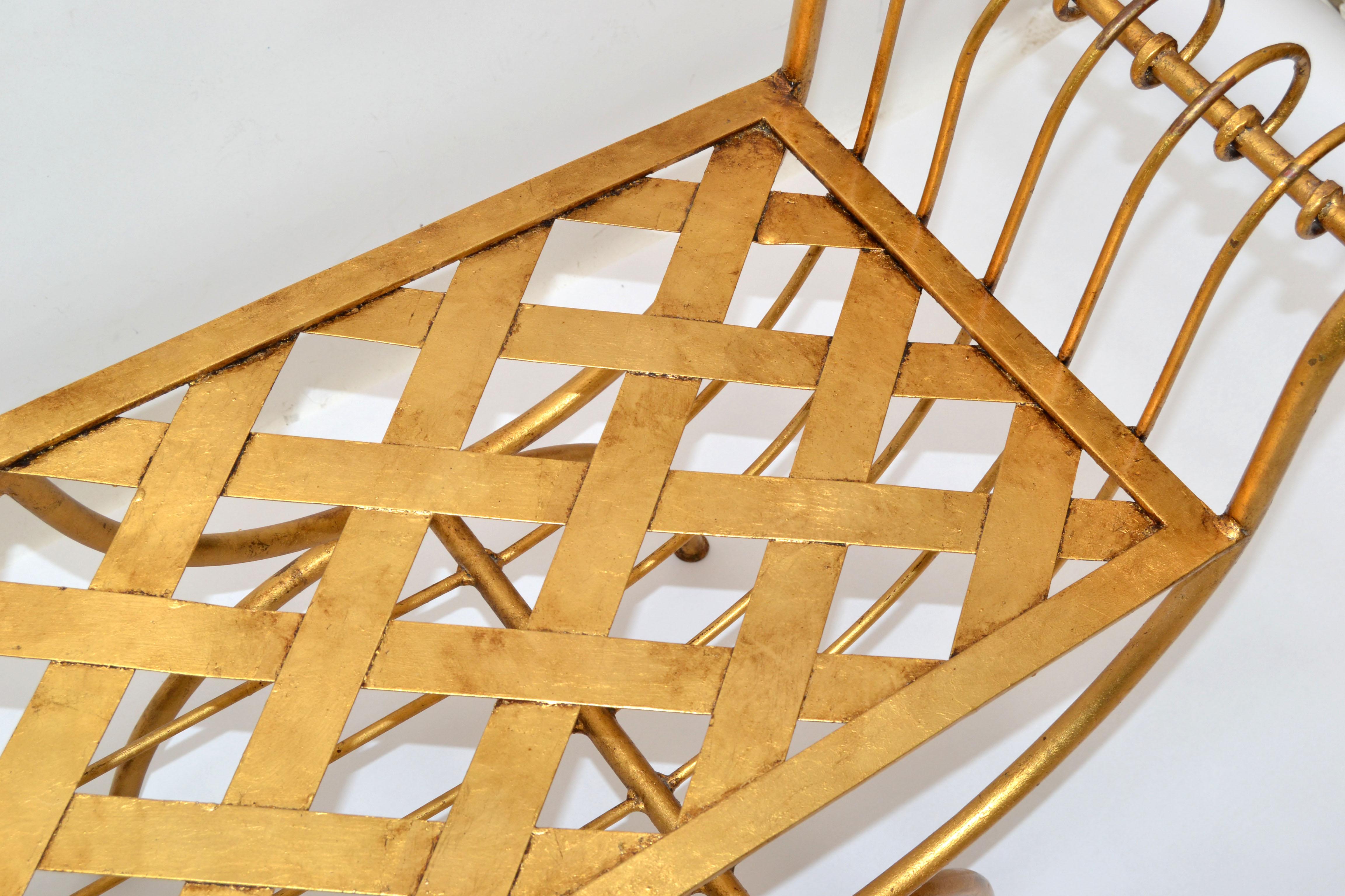 Italian Curule Gilt Wrought Iron Long Bench Original Silk Fabric Seat Cushion For Sale 8