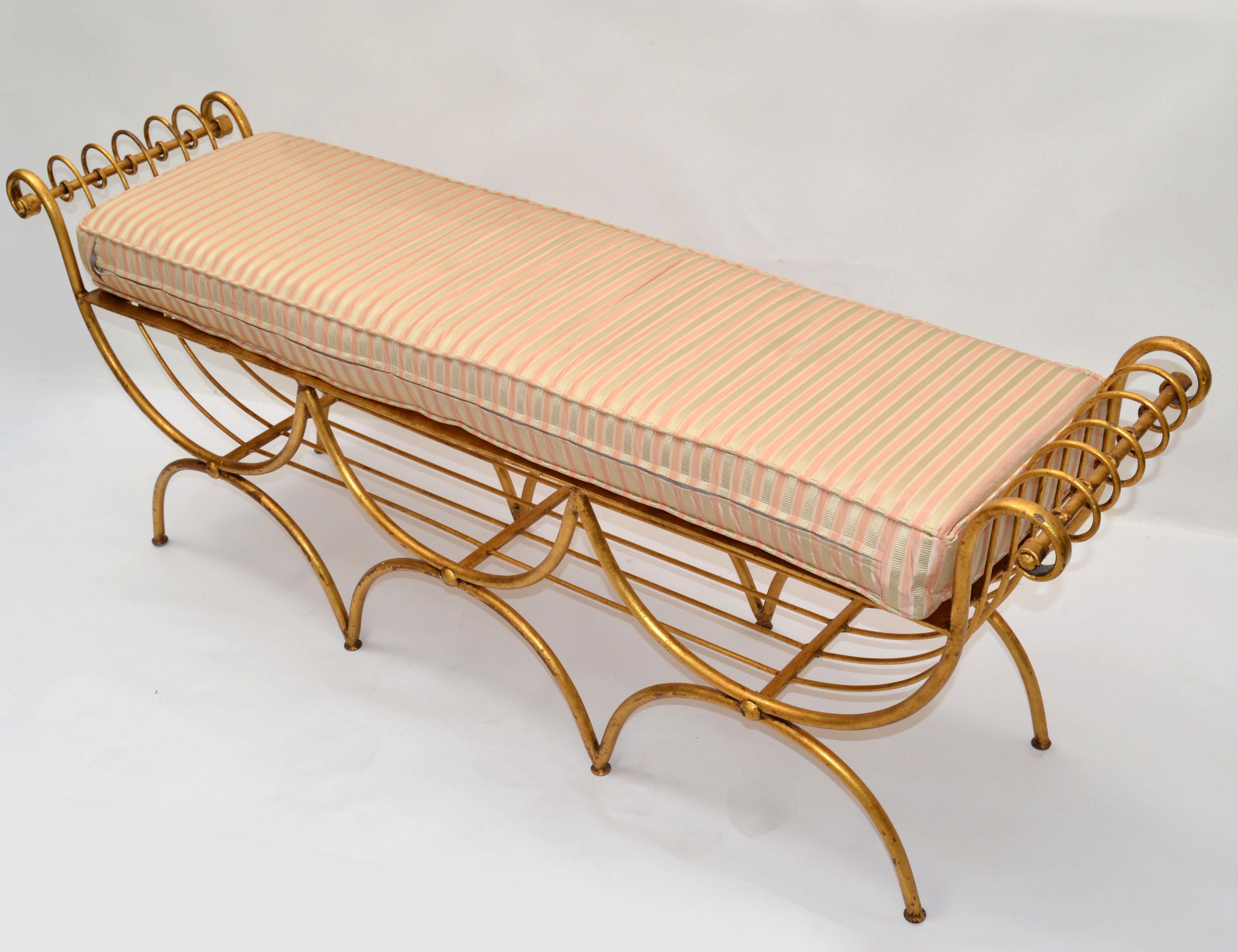 Italian Curule Gilt Wrought Iron Long Bench Original Silk Fabric Seat Cushion In Good Condition For Sale In Miami, FL