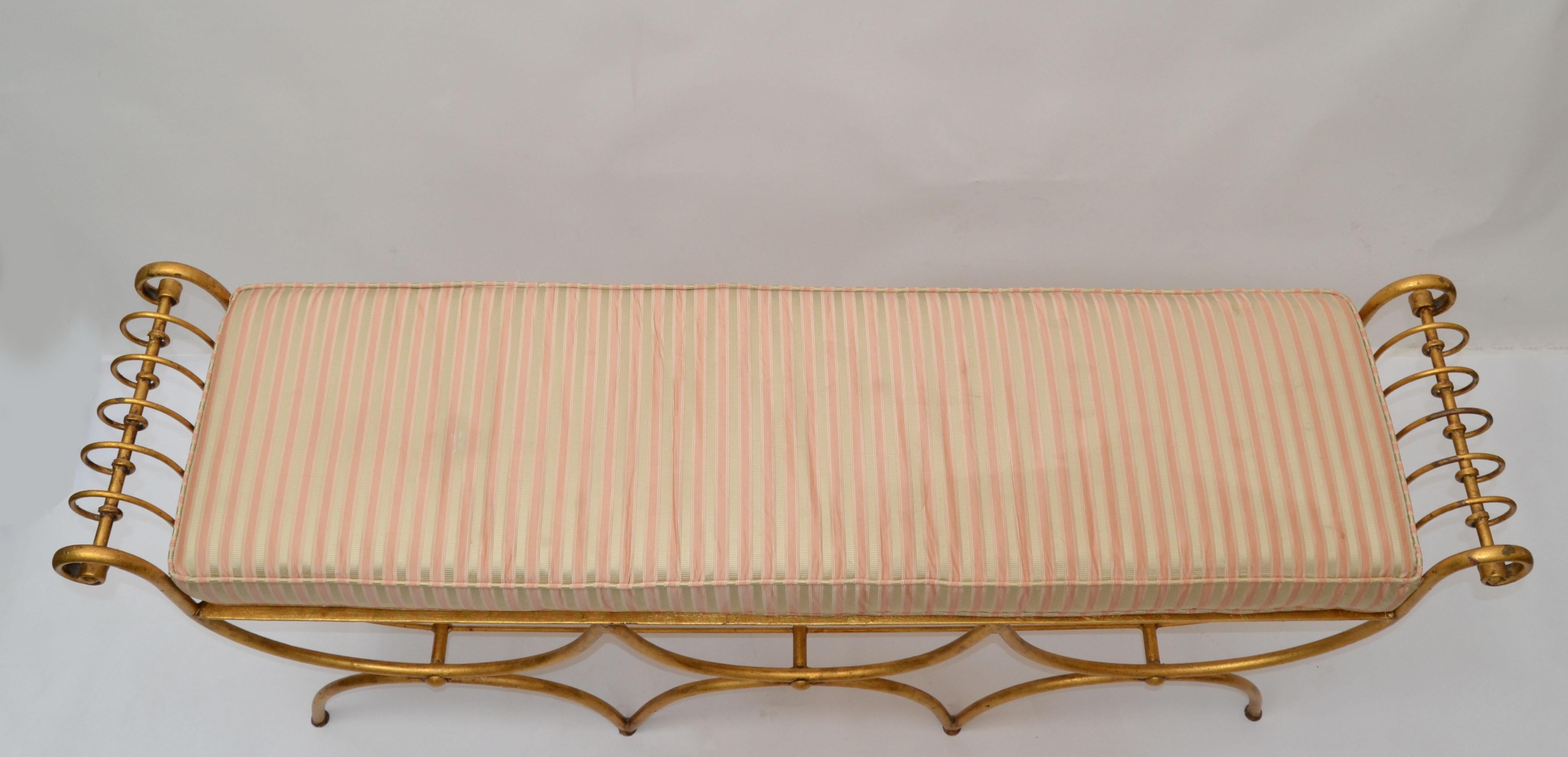 Mid-20th Century Italian Curule Gilt Wrought Iron Long Bench Original Silk Fabric Seat Cushion For Sale