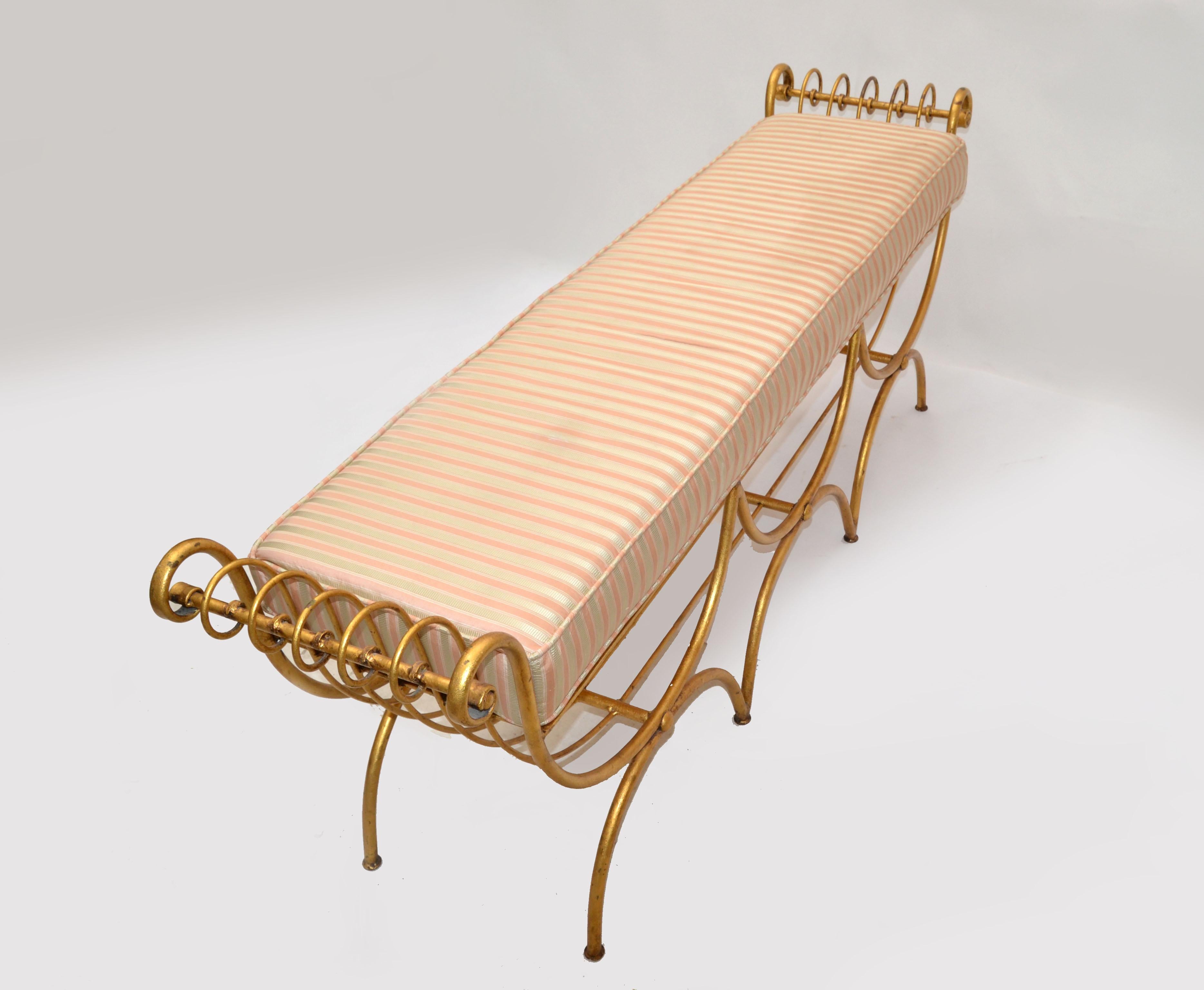 Italian Curule Gilt Wrought Iron Long Bench Original Silk Fabric Seat Cushion For Sale 2