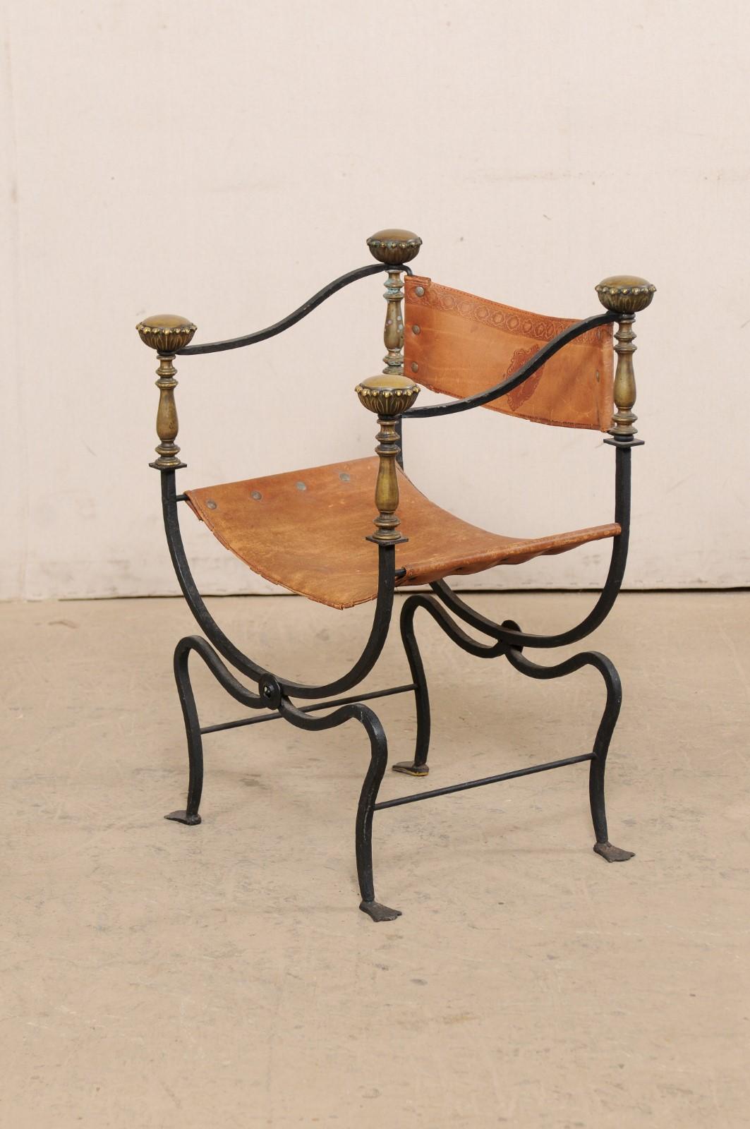 Italian Curule Savonarola Iron & Embossed Leather Chair, Early 20th C 5