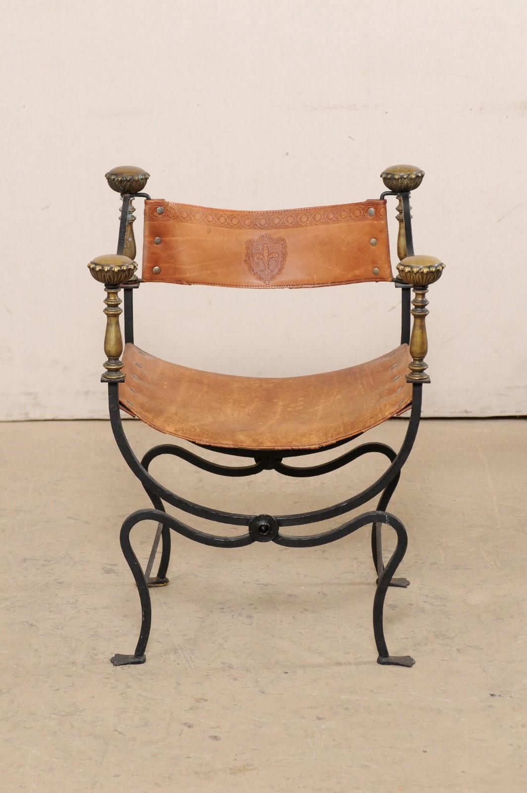 Italian Curule Savonarola Iron & Embossed Leather Chair, Early 20th C 6