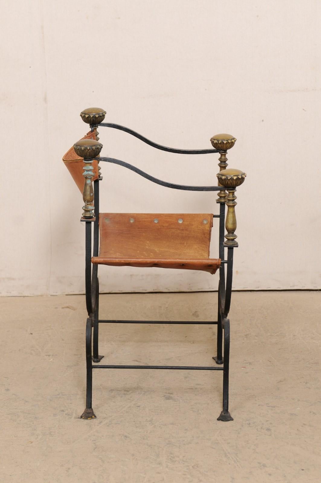 20th Century Italian Curule Savonarola Iron & Embossed Leather Chair, Early 20th C