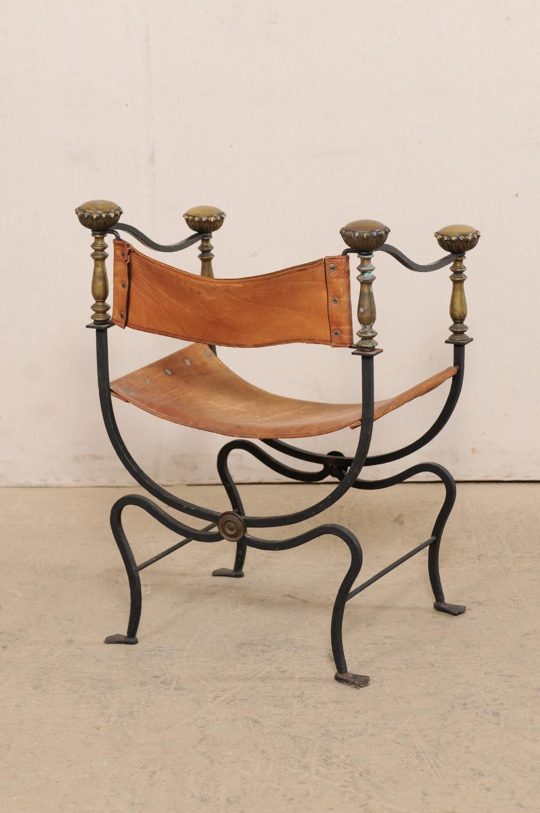 Italian Curule Savonarola Iron & Embossed Leather Chair, Early 20th C 1