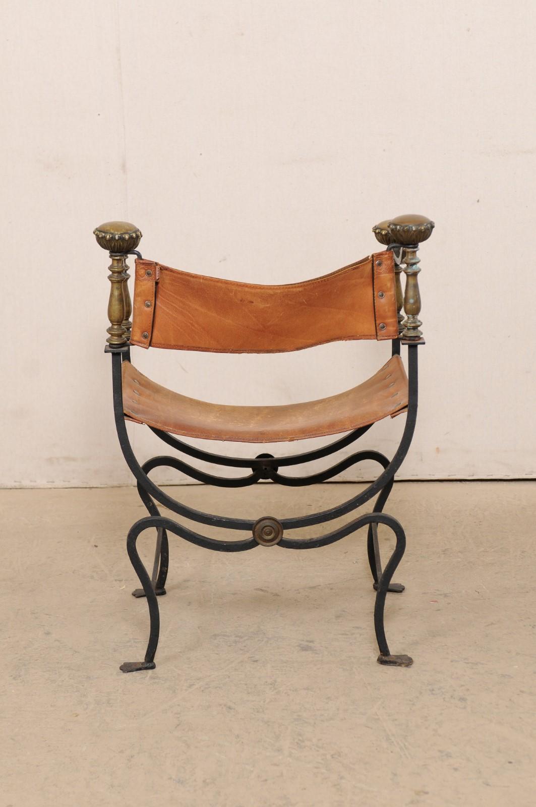 Italian Curule Savonarola Iron & Embossed Leather Chair, Early 20th C 2