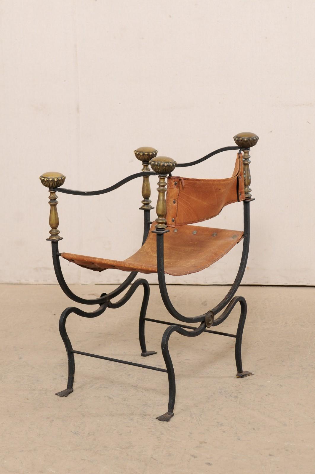 Italian Curule Savonarola Iron & Embossed Leather Chair, Early 20th C 3