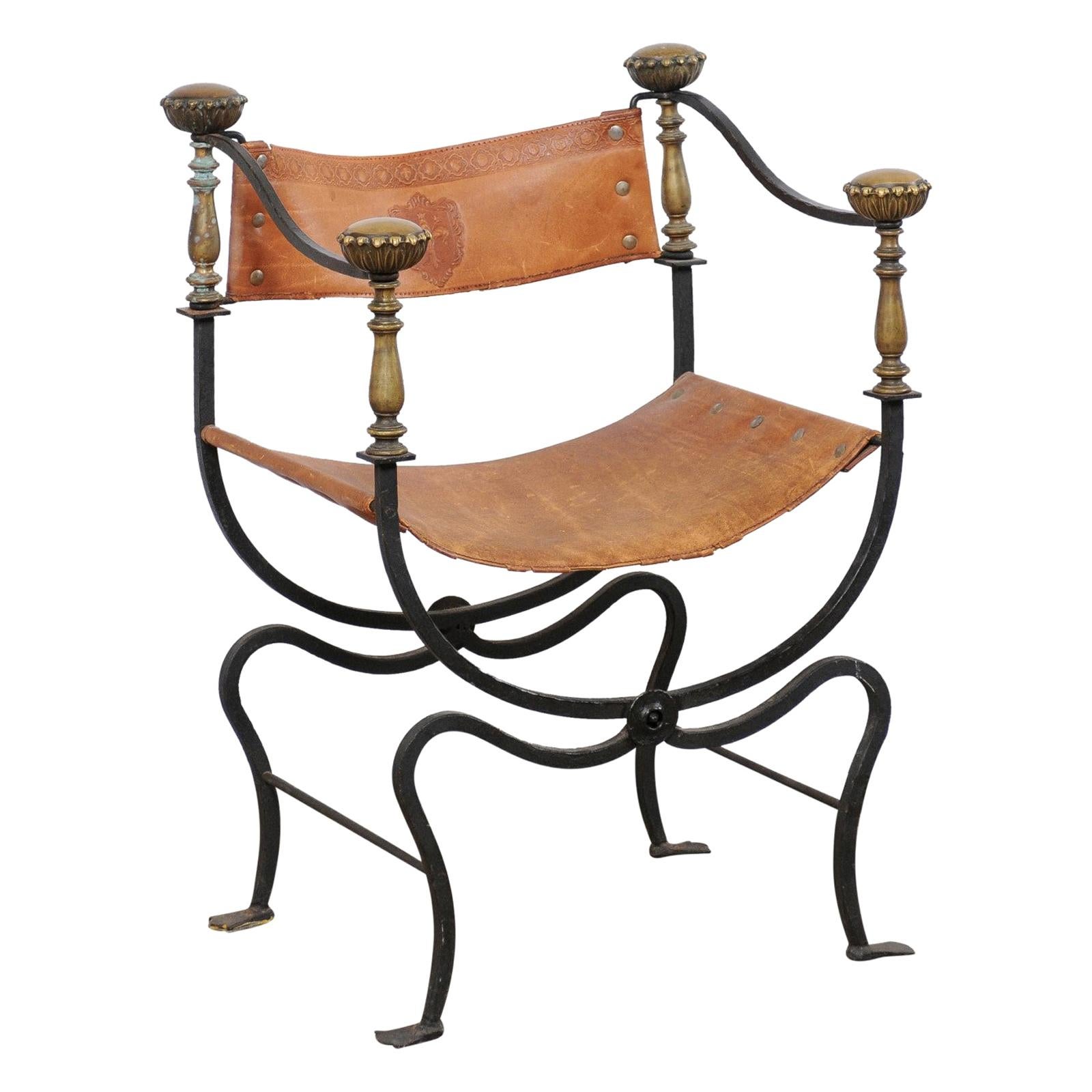 Italian Curule Savonarola Iron & Embossed Leather Chair, Early 20th C