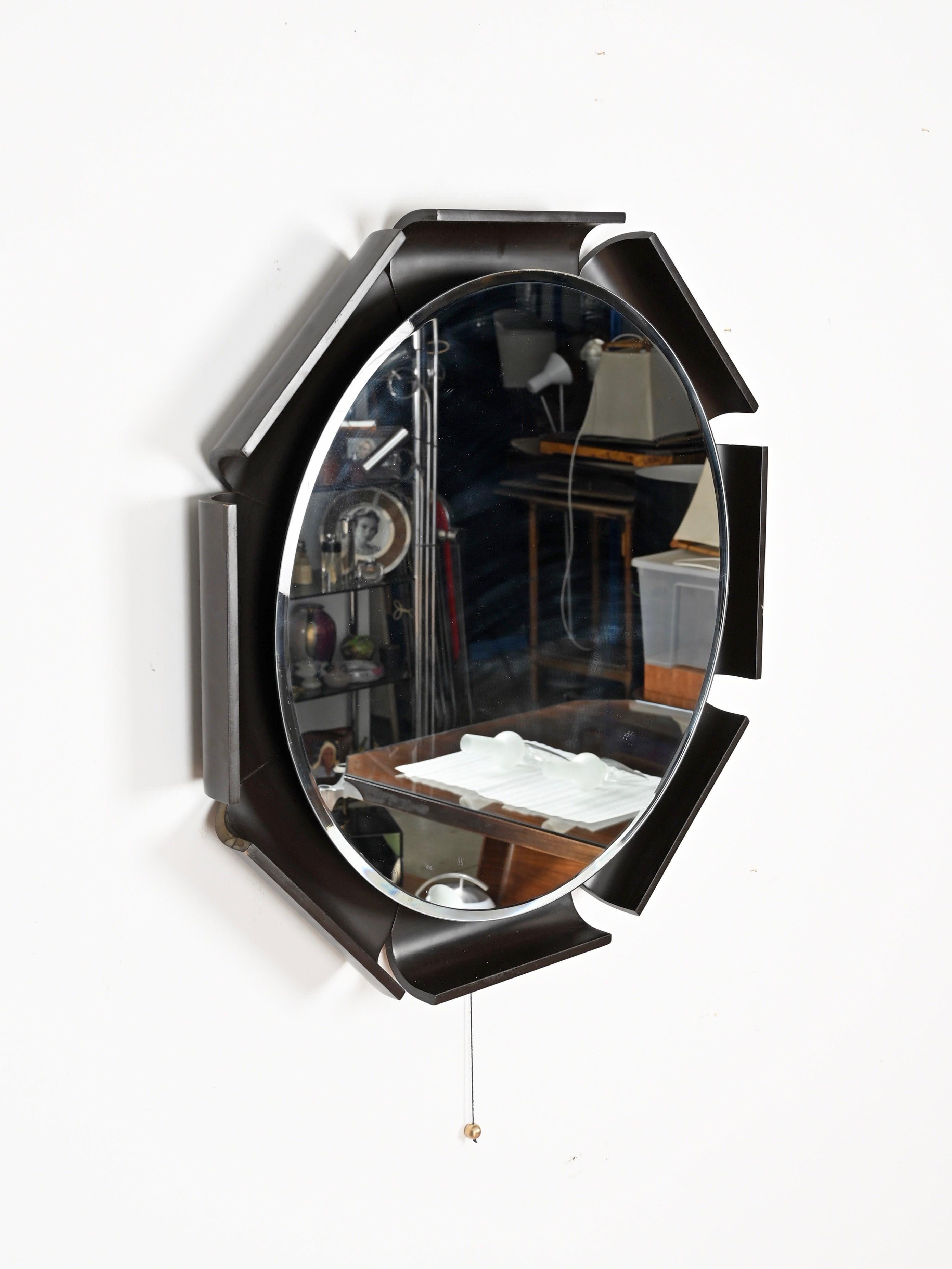 Mid-Century Modern Italian Curved Black Wood Backlit Beveled Mirror by Ico Parisi for ISA, 1968 For Sale