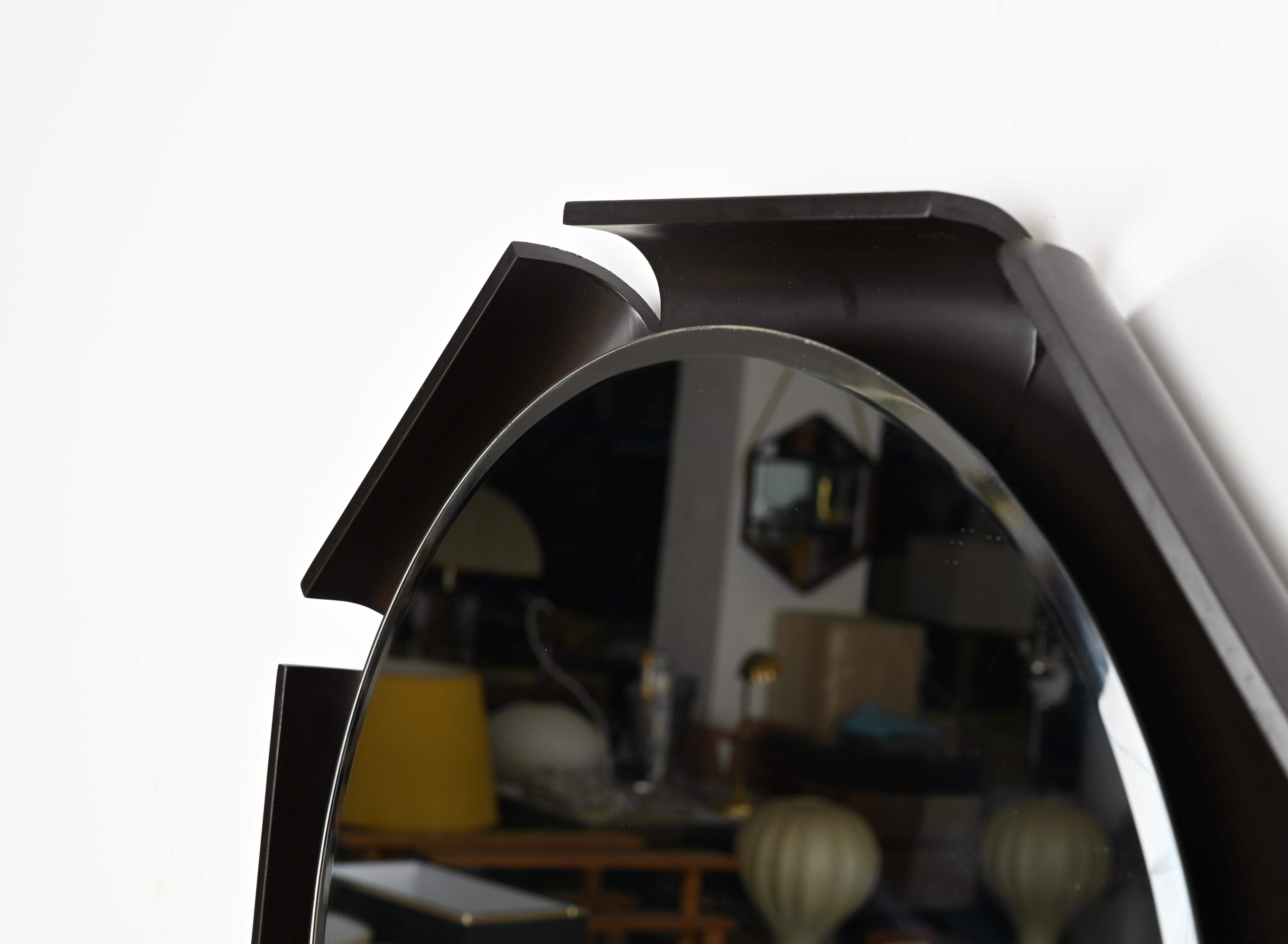 Mid-20th Century Italian Curved Black Wood Backlit Beveled Mirror by Ico Parisi for ISA, 1968 For Sale