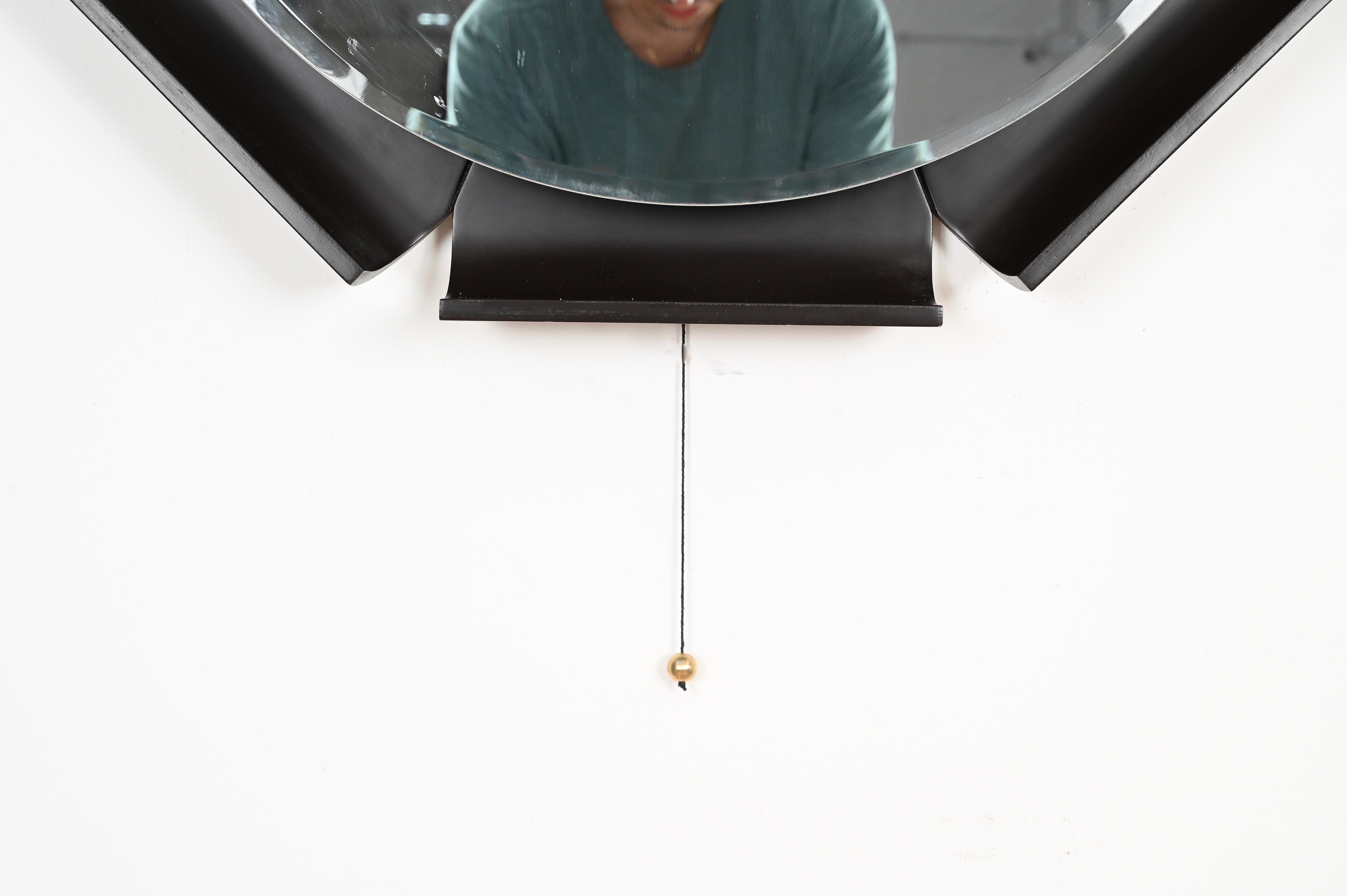 Crystal Italian Curved Black Wood Backlit Beveled Mirror by Ico Parisi for ISA, 1968 For Sale