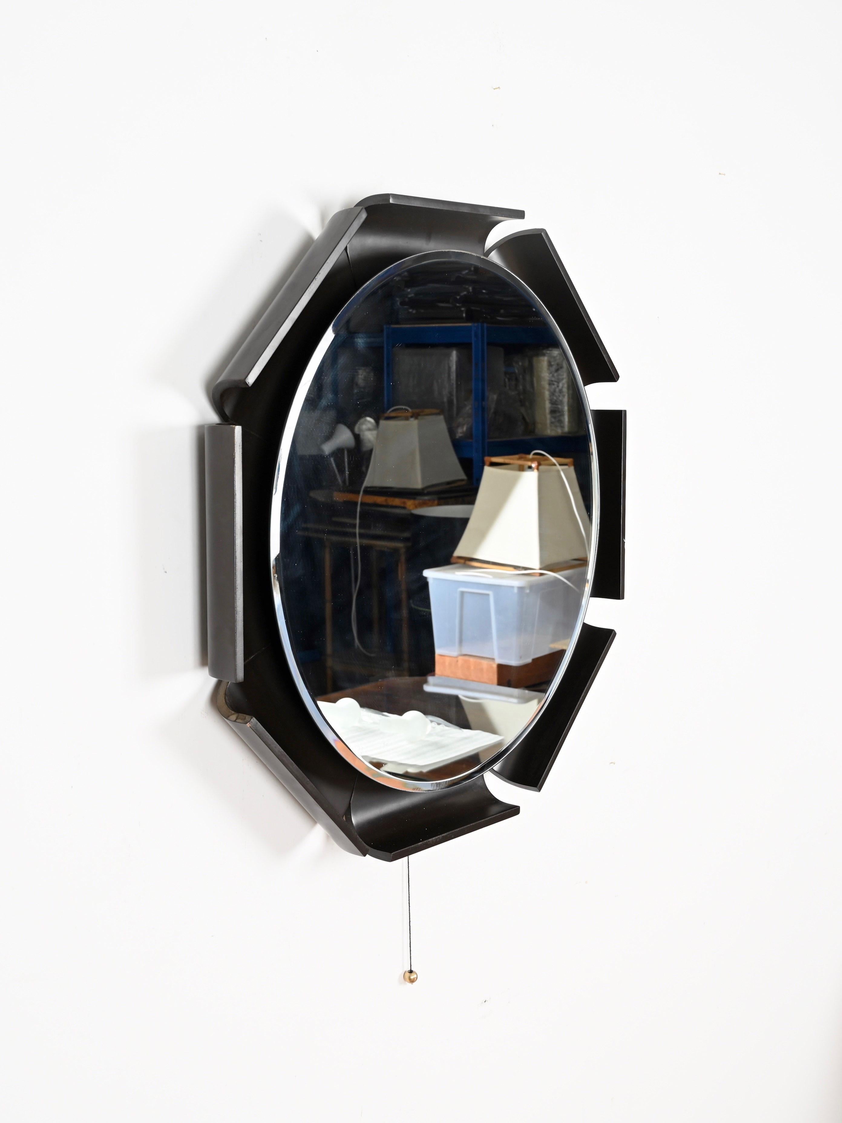 Italian Curved Black Wood Backlit Beveled Mirror by Ico Parisi for ISA, 1968 For Sale 1