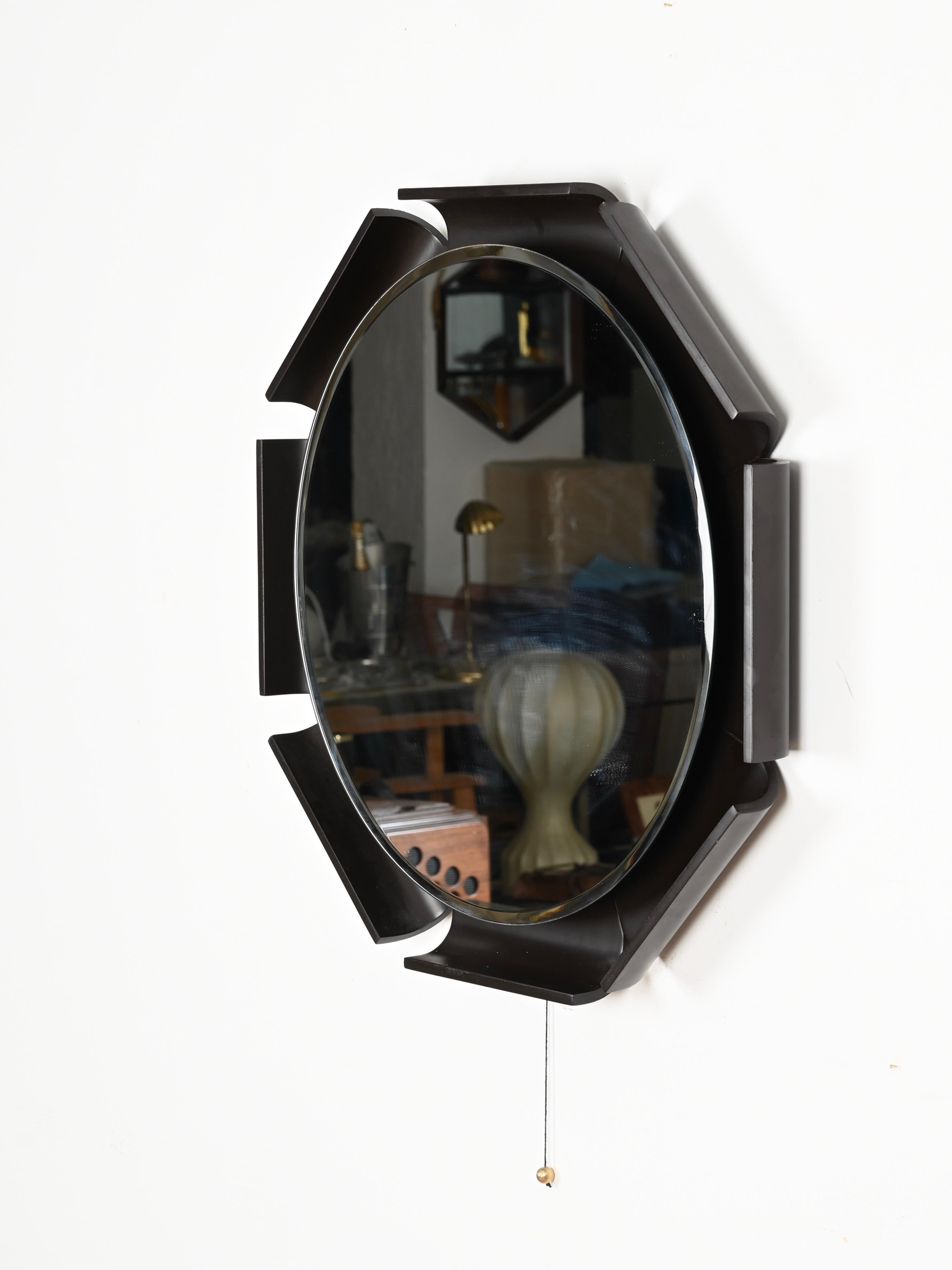 Italian Curved Black Wood Backlit Beveled Mirror by Ico Parisi for ISA, 1968 For Sale 3