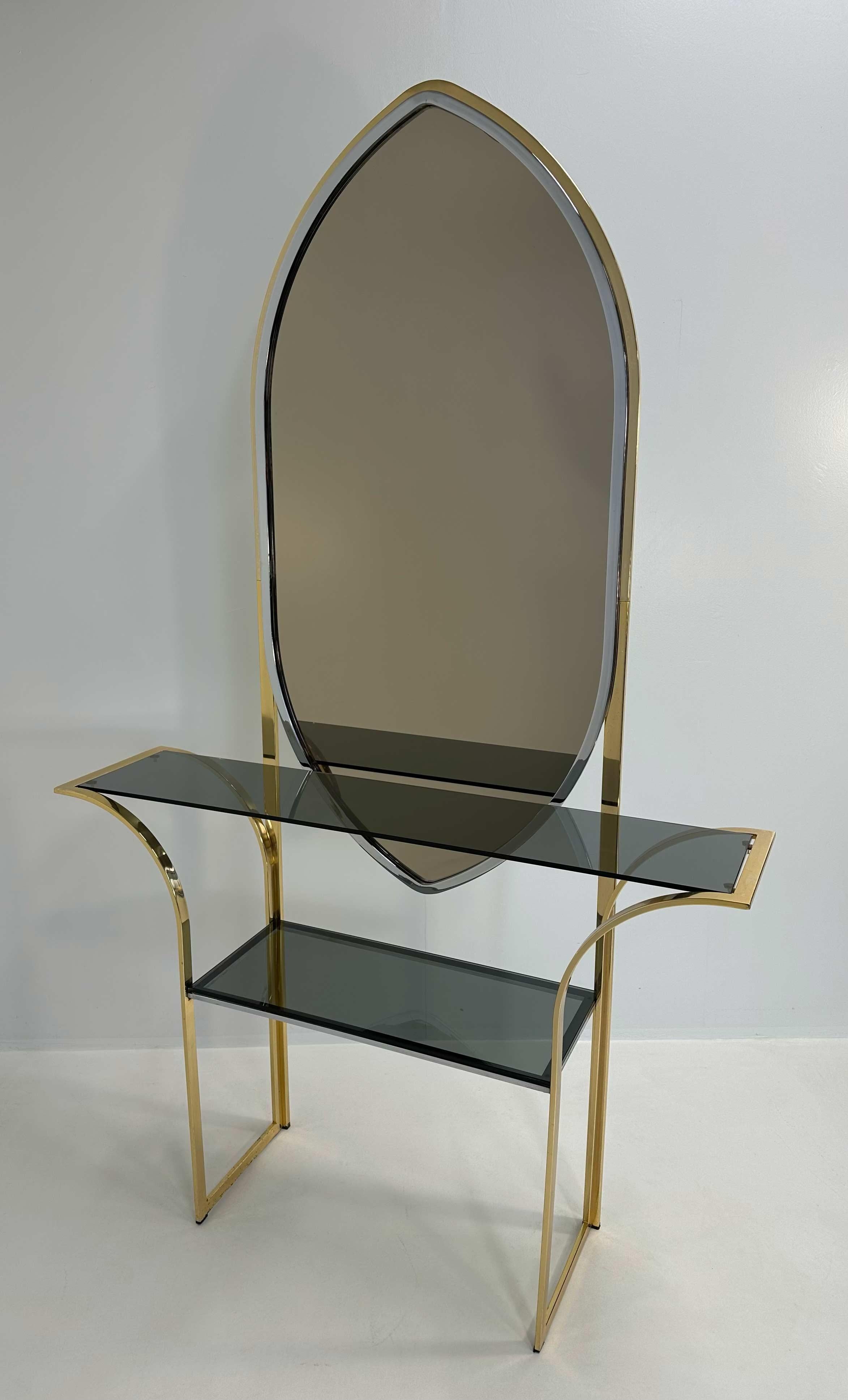 Mid-Century Modern Italian Curved Brass and Chromed Console, 1970s For Sale
