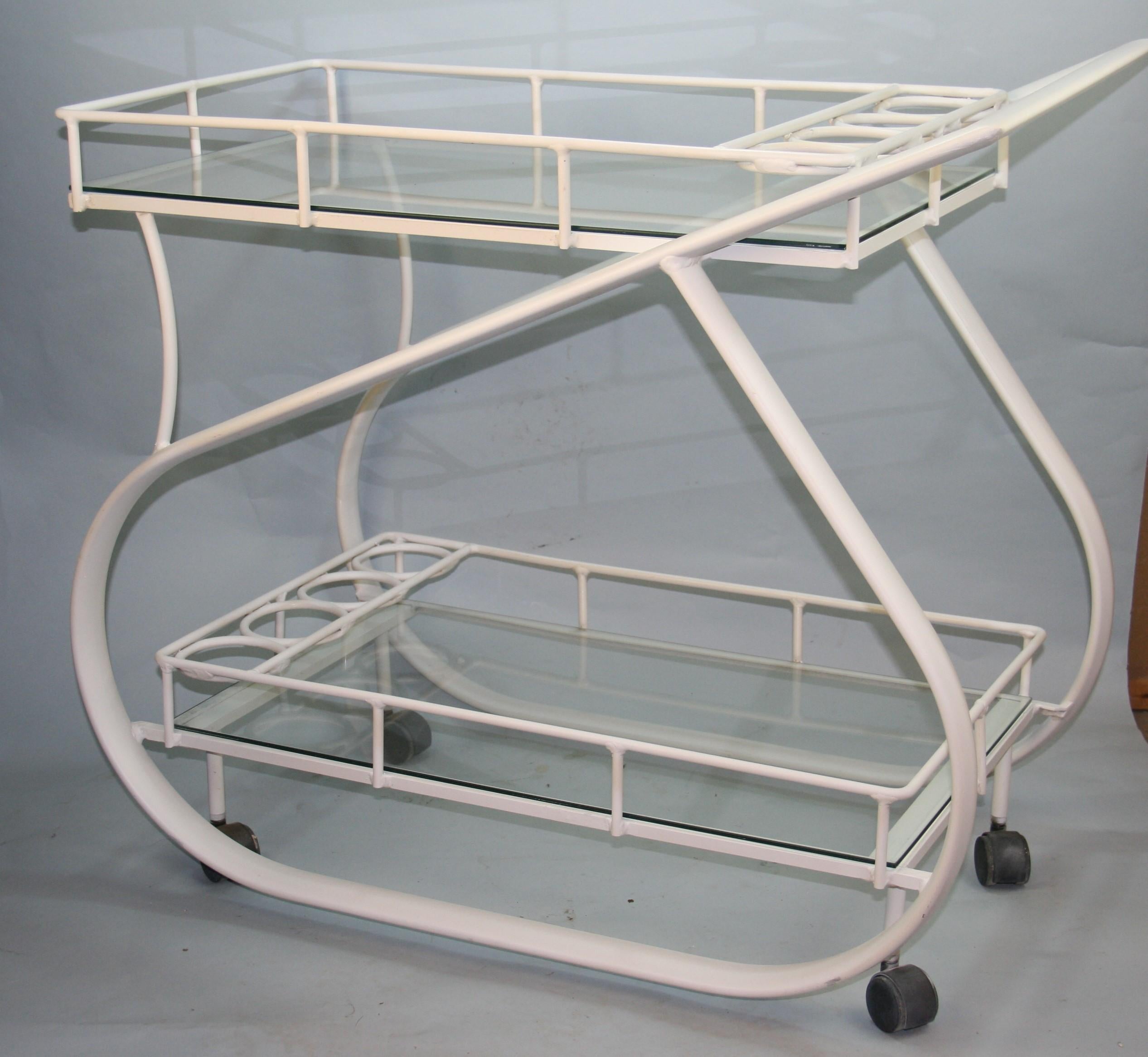 Italian Aluminum bar cart with glass shelves.