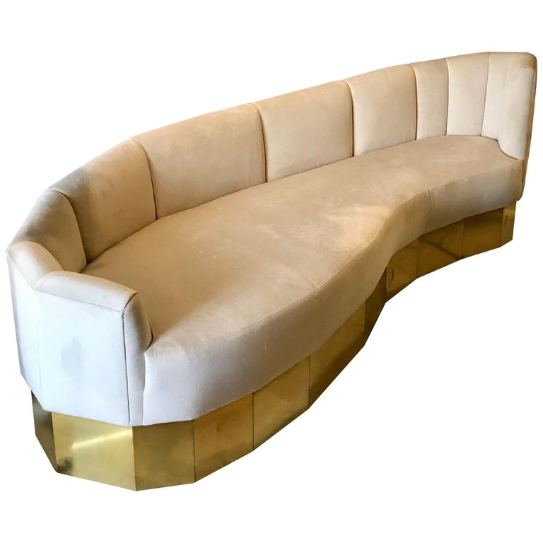Italian Curved Cream Velvet and Brass Sofa For Sale at 1stDibs