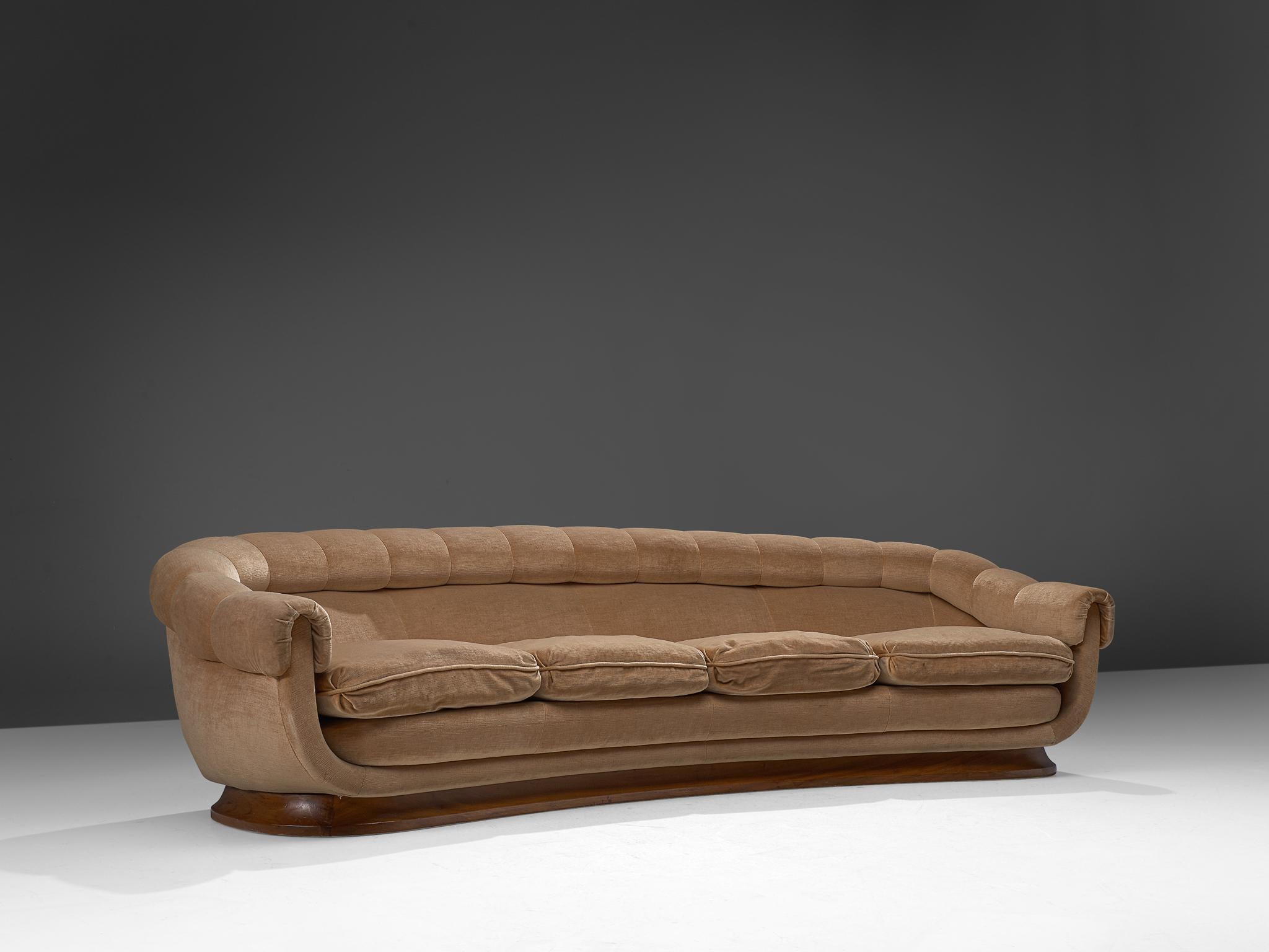 Mid-Century Modern Italian Curved Four-Seat Sofa in Light Camel Velours, 1950s