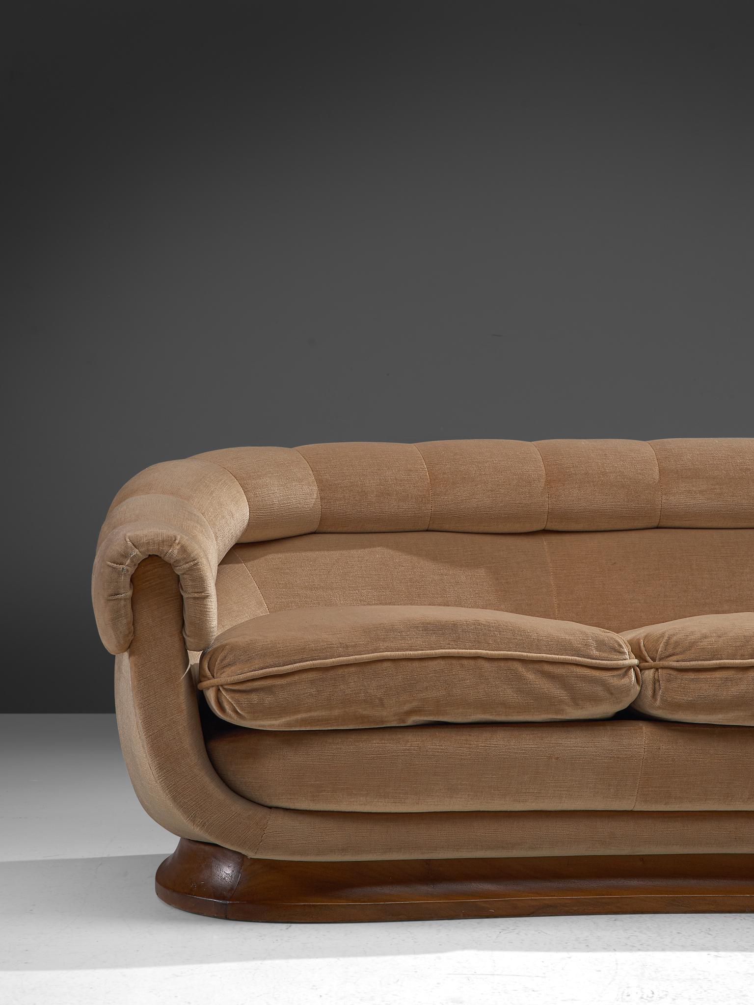 Mid-20th Century Italian Curved Four-Seat Sofa in Light Camel Velours, 1950s