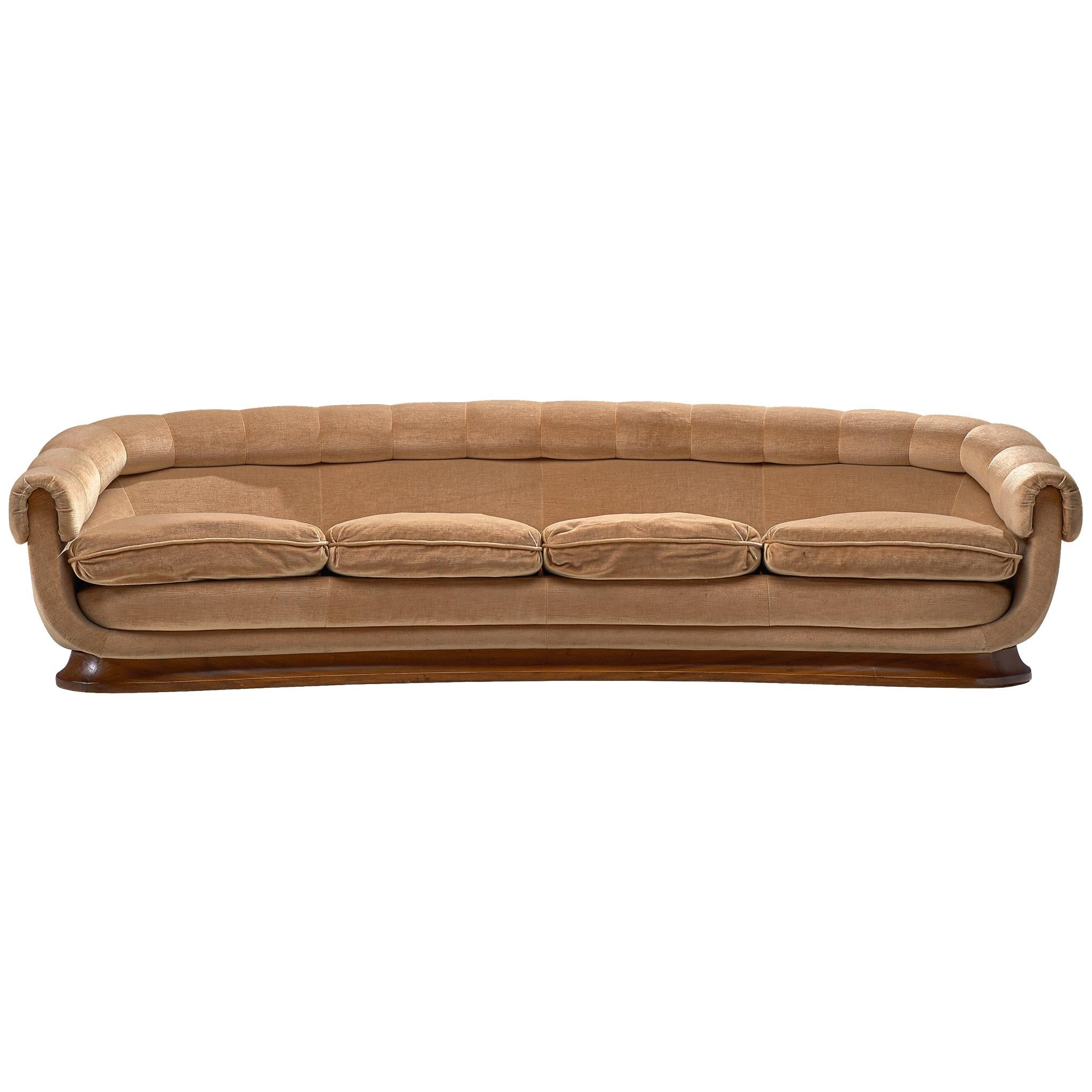 Italian Curved Four-Seat Sofa in Light Camel Velours, 1950s